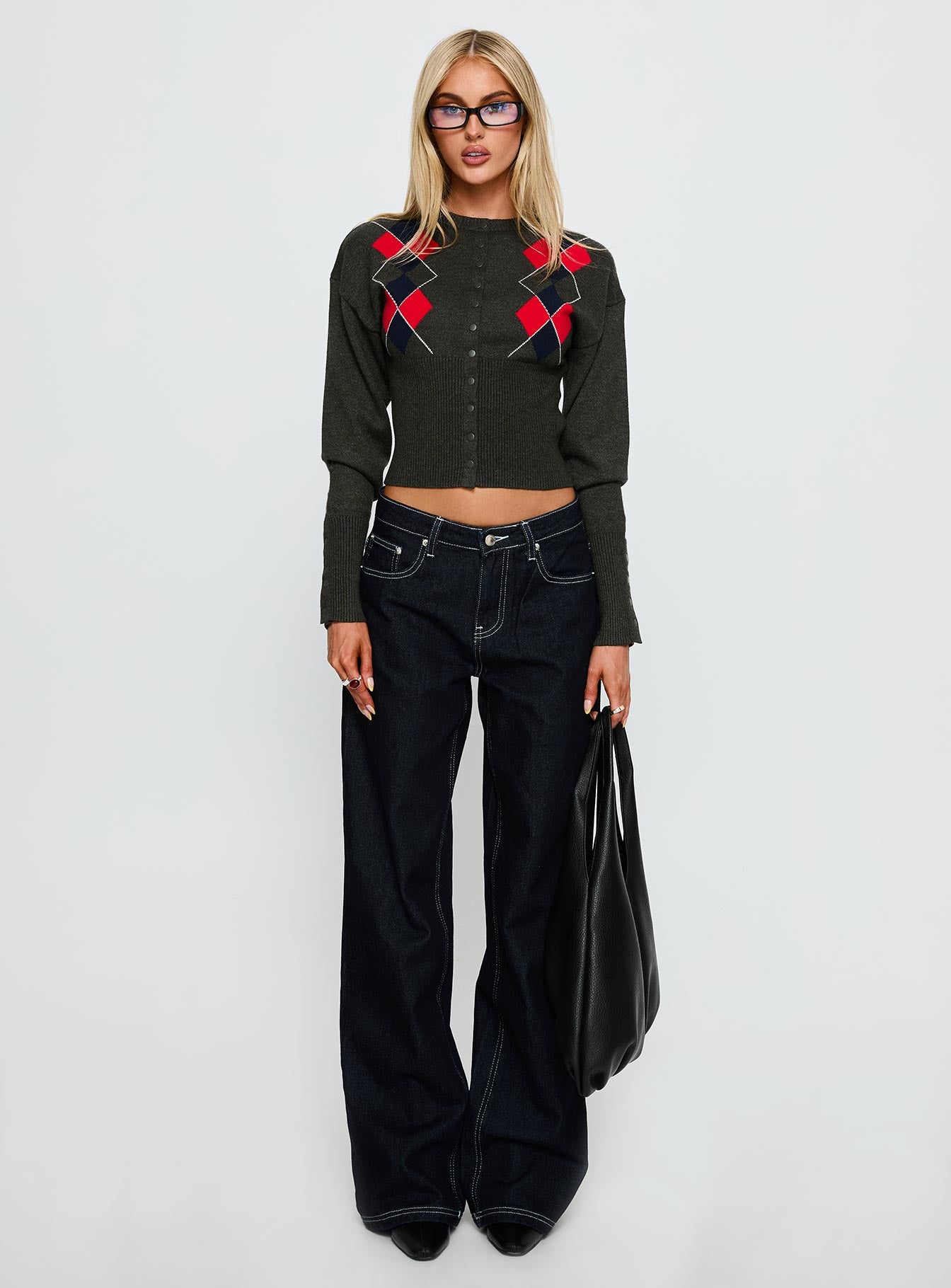 Head In The Clouds Knit Cardigan Grey Argyle - Image 7