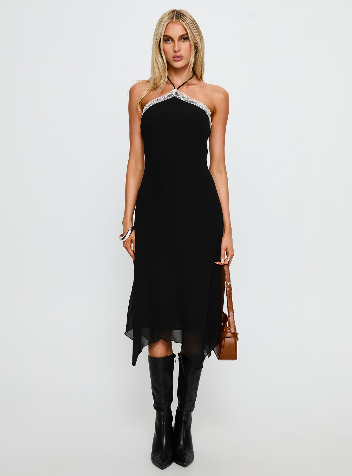 Naila Halter Lace Trim Midi Dress Black - Image 7