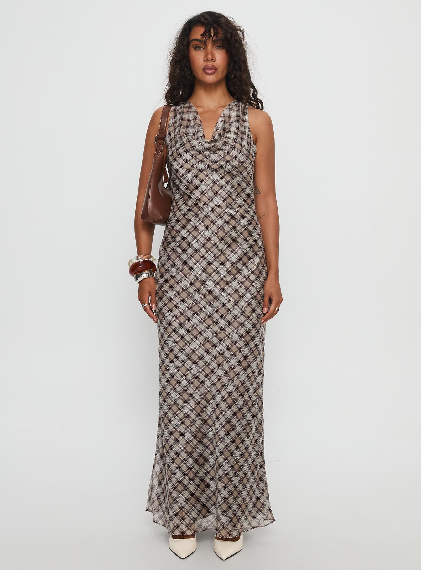 Veida Cowl Neck Maxi Dress Brown Check - Image 7