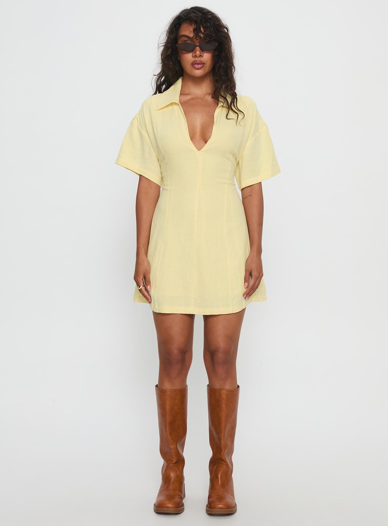 Wylla V Neck Linen Mini Dress Yellow - Image 7