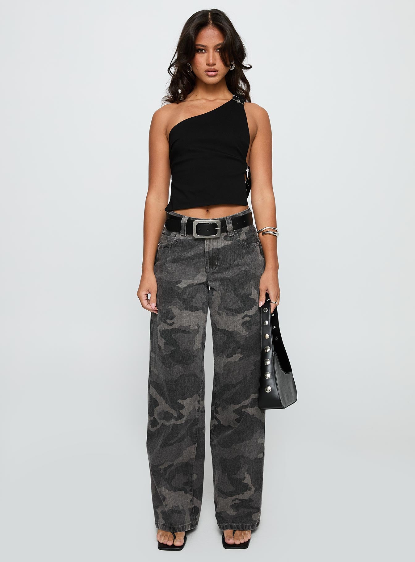 Big Talk Mid Rise Straight Leg Jeans Grey Washed Camo - Image 7