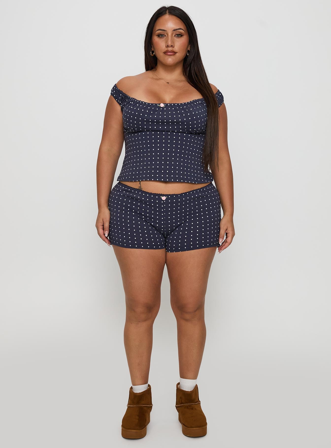 Drift Away Off The Shoulder Sleep Set Navy Dot Curve - Image 7