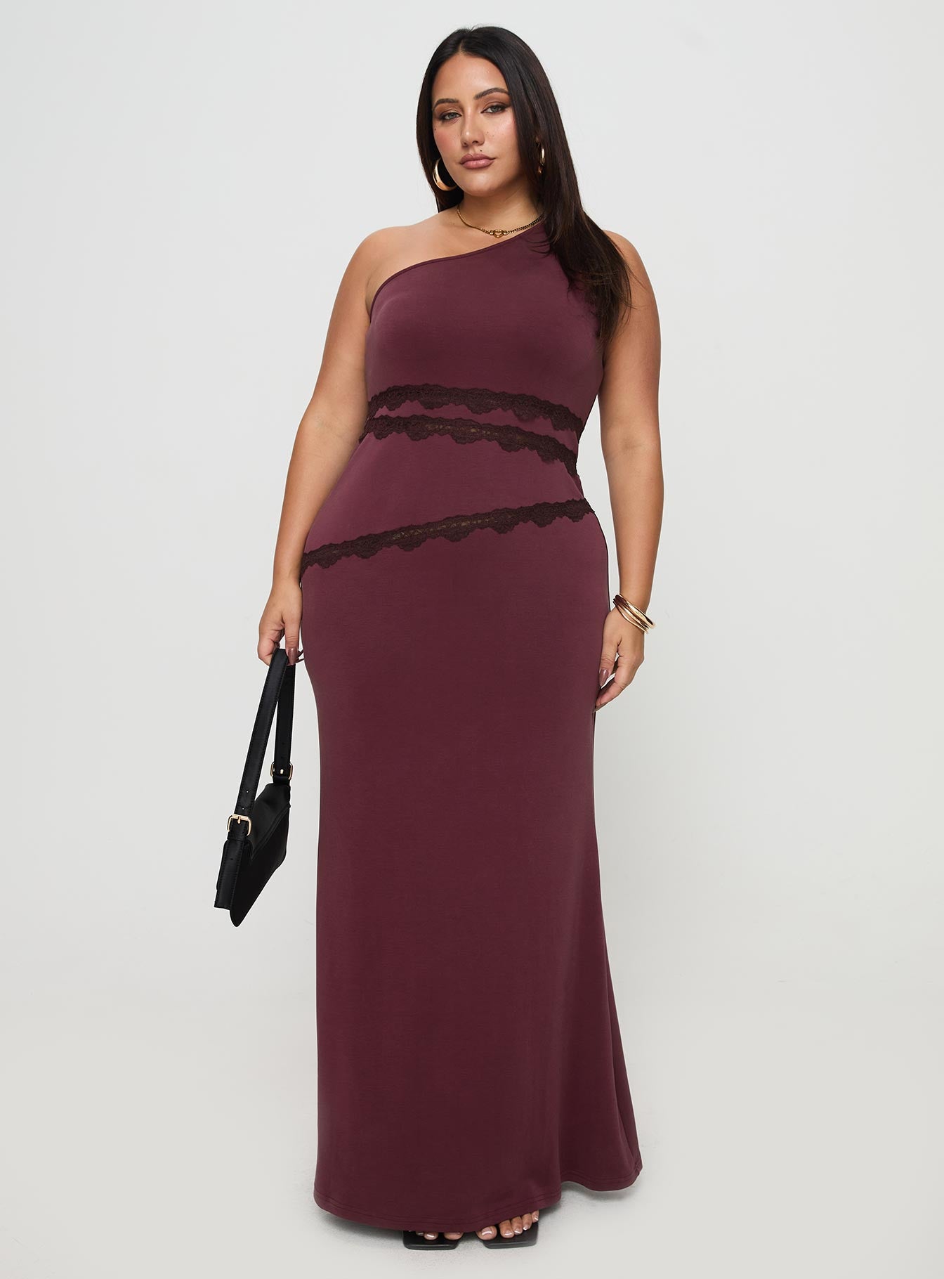Ultraviolet One Shoulder Lace Maxi Dress Wine Curve - Image 7