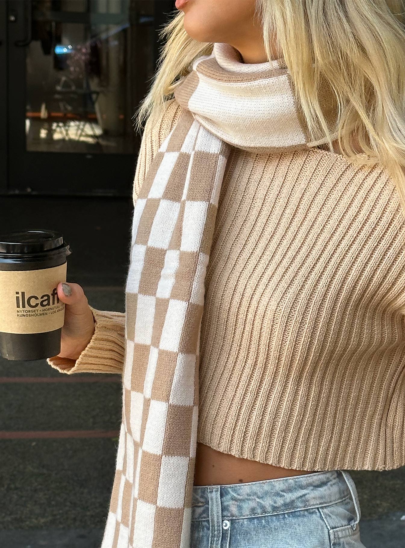 Sage Check Scarf Beige / White - Image 6