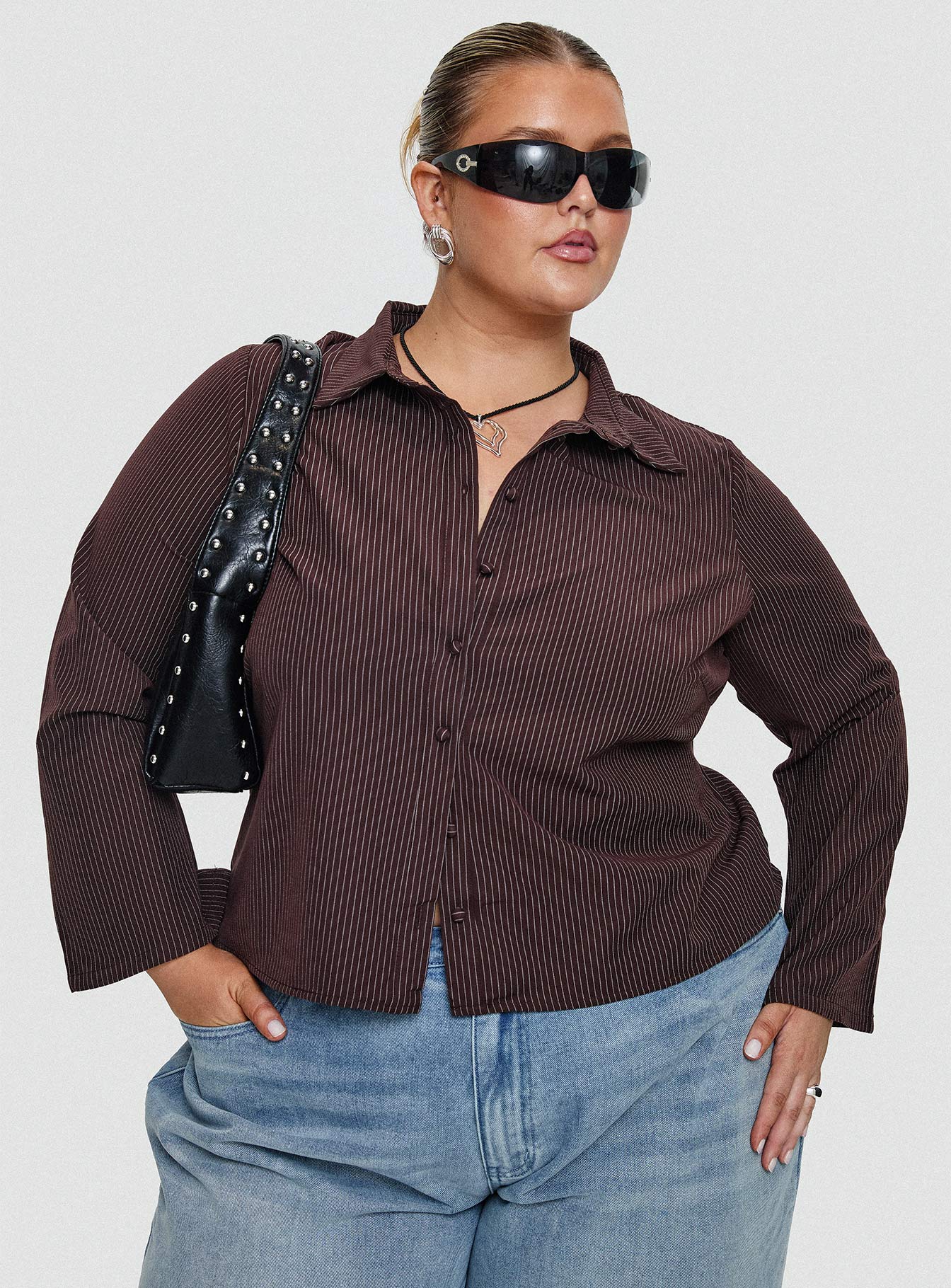 Anni Pinstripe Shirt Brown Curve - Image 8
