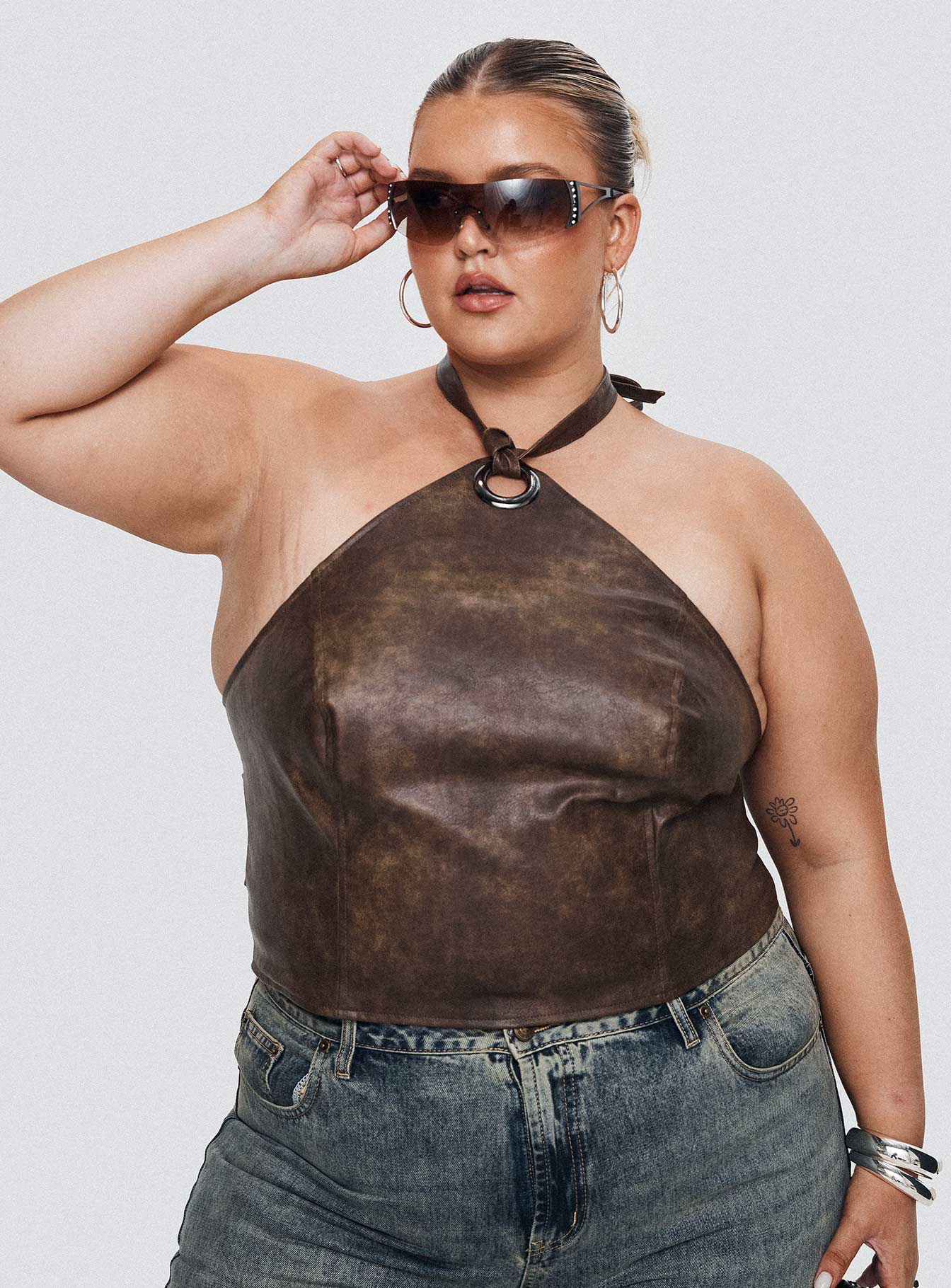 Treat You Better Ring Detail Faux Leather Top Brown Curve - Image 8