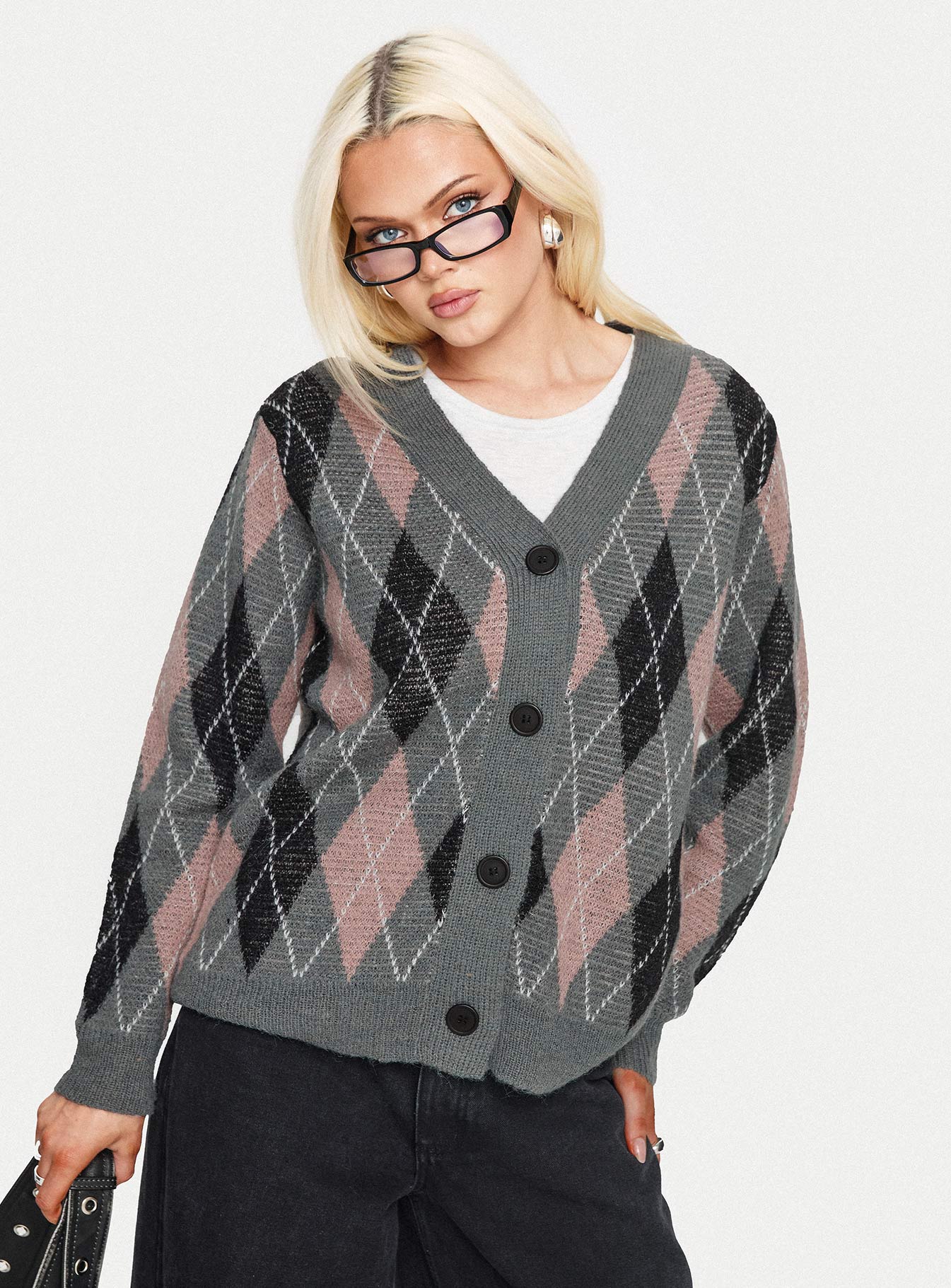 Zeeva Button Through Knit Cardigan Grey Argyle - Image 8