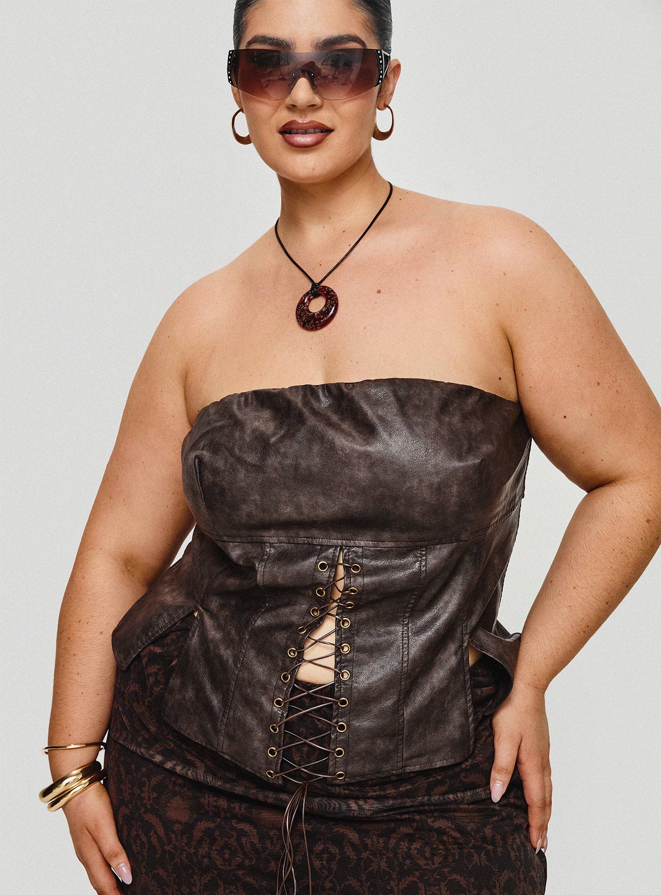 Afraid Strapless Faux Leather Top Brown Curve - Image 8