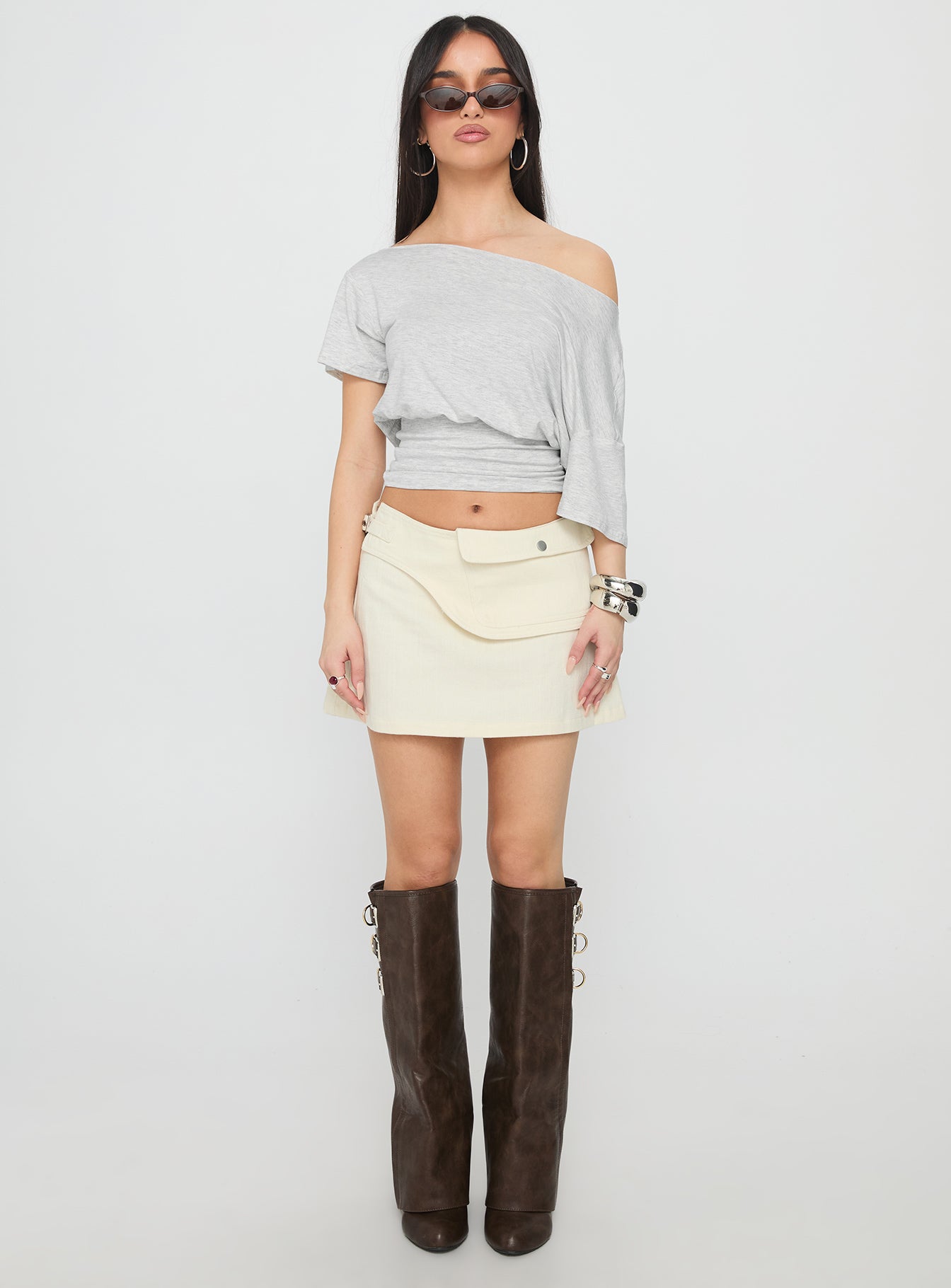 Supersonic Belted Denim Mini Skirt Ivory - Image 8