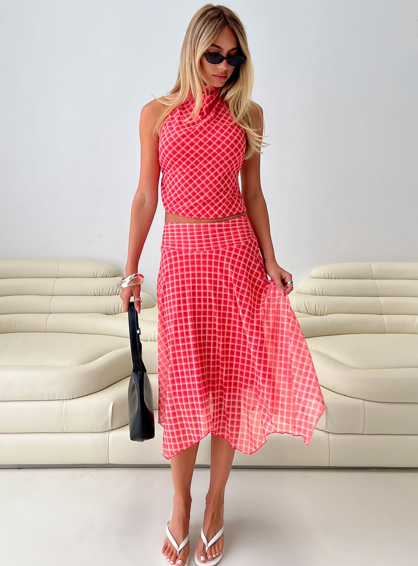 Scenic Route Asymmetrical Midi Skirt Red Check - Image 8