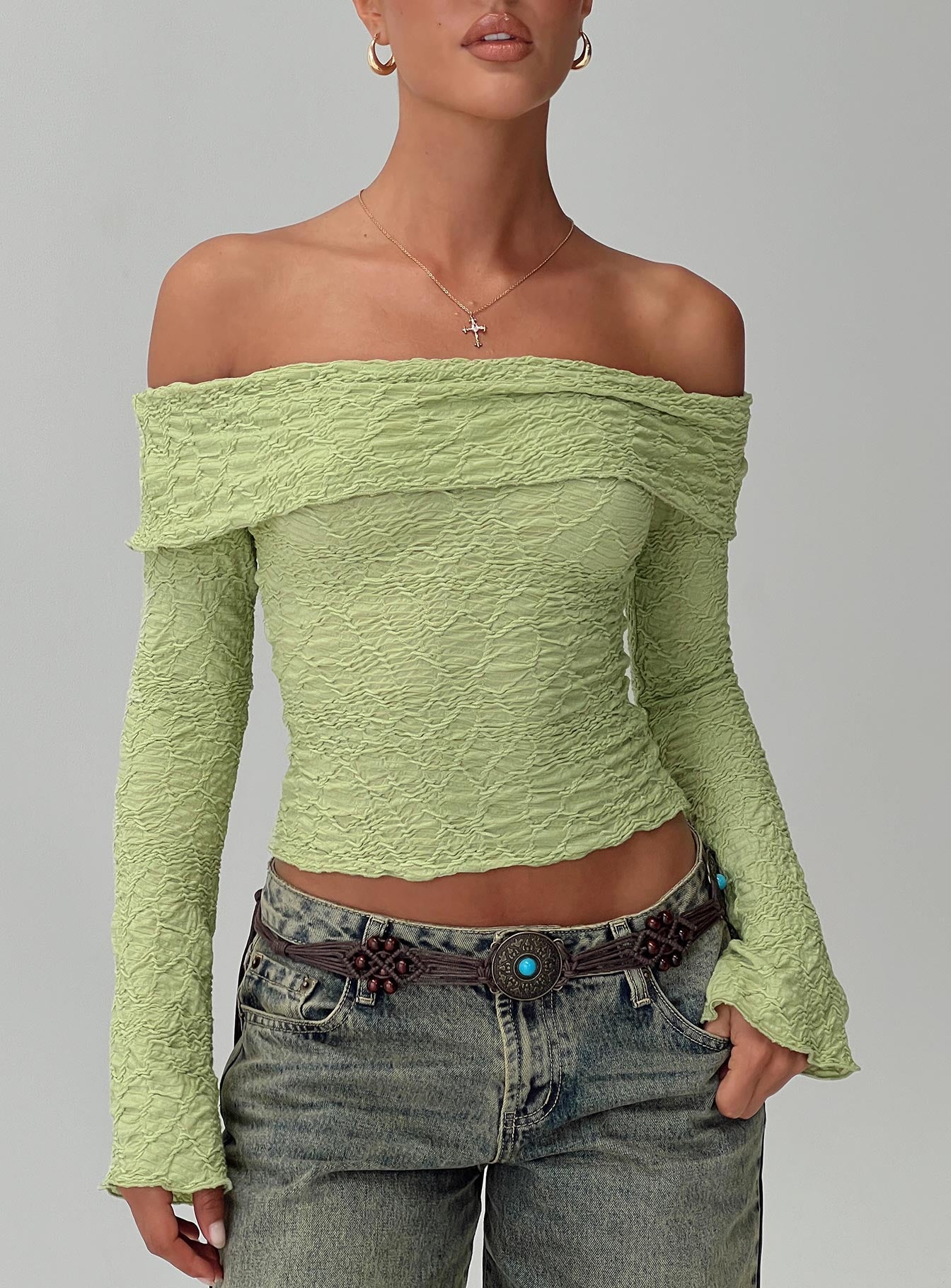 Back With Love Off Shoulder Long Sleeve Top Green - Image 9