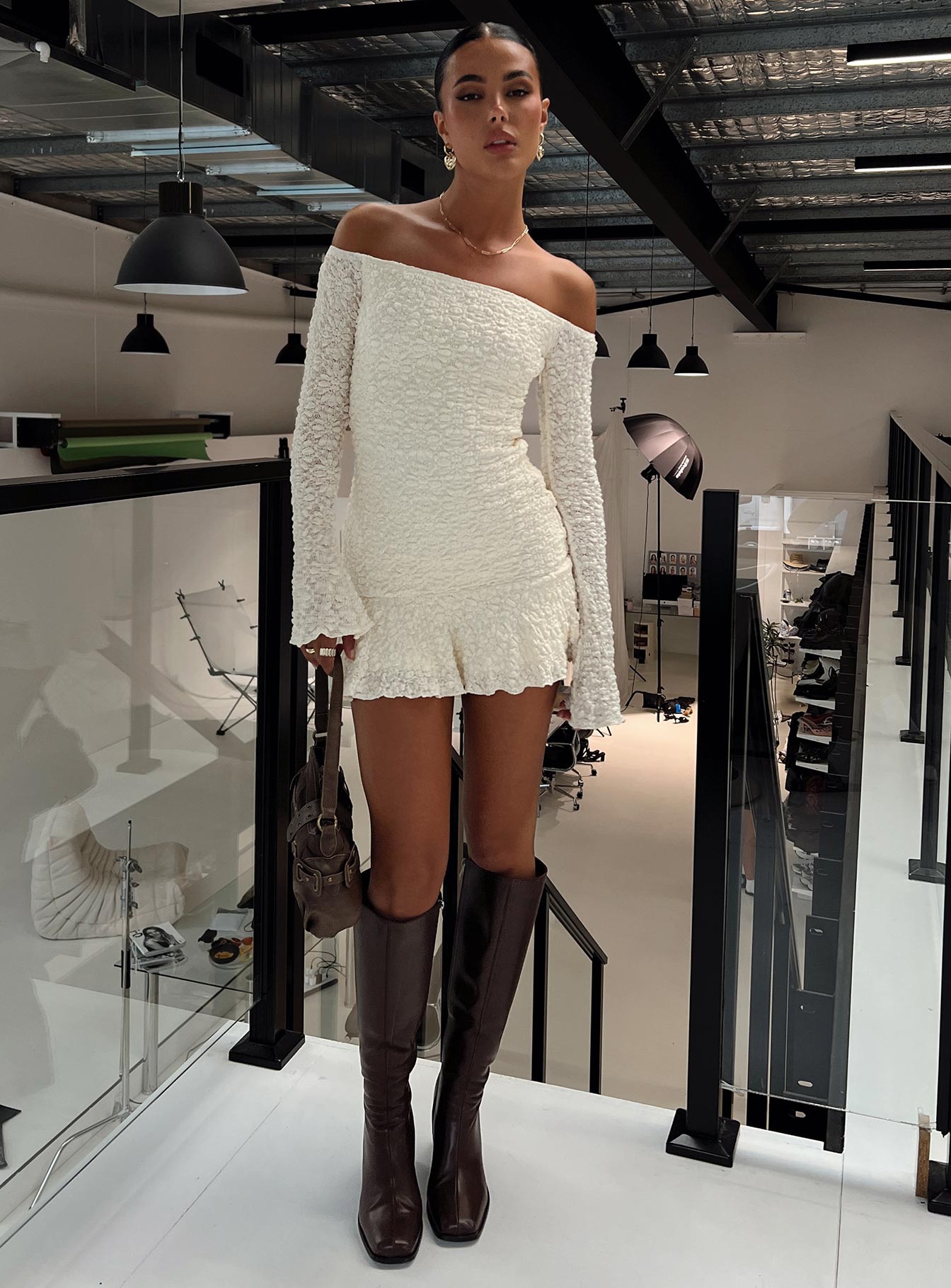 Vancesca Long Sleeve Mini Dress Cream - Image 8