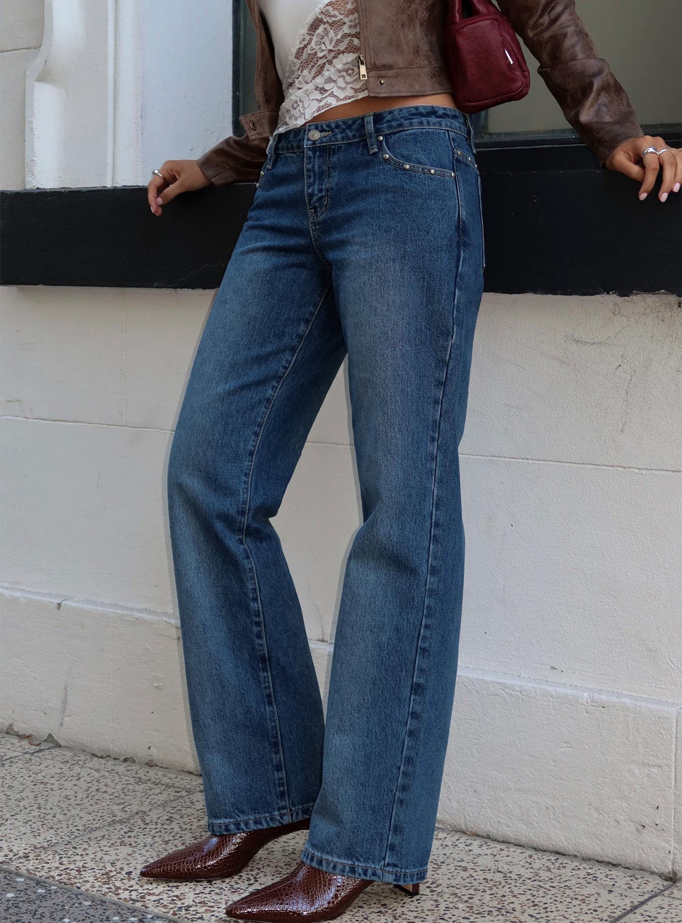 So Dazzling Studded Low Rise Straight Leg Jeans Dark Wash - Image 8