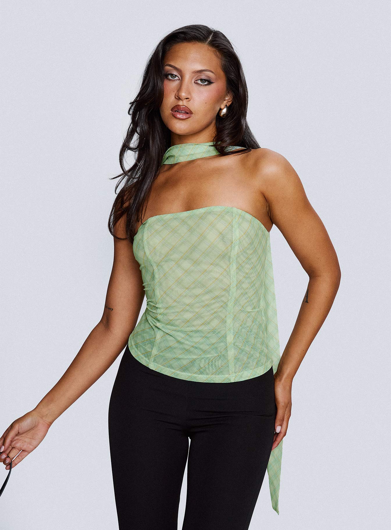No Comparison Neck Tie Strapless Top Green Check - Image 8