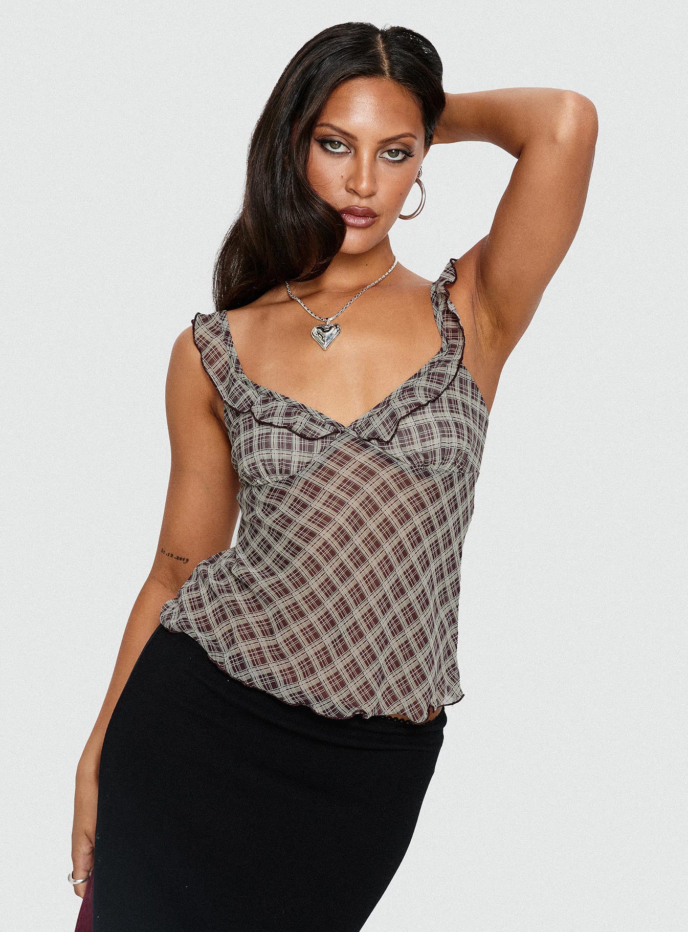 Zayliah Frill Detail Top Wine Check - Image 8