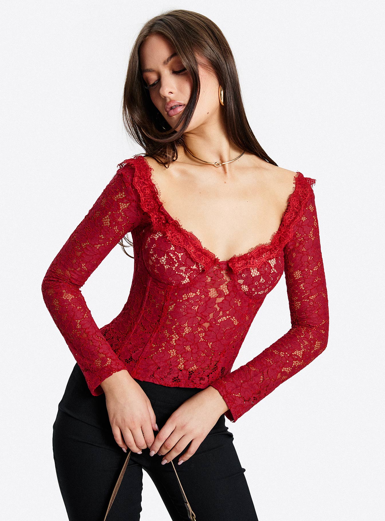 Miquela Long Sleeve Corset Lace Top Red - Image 8