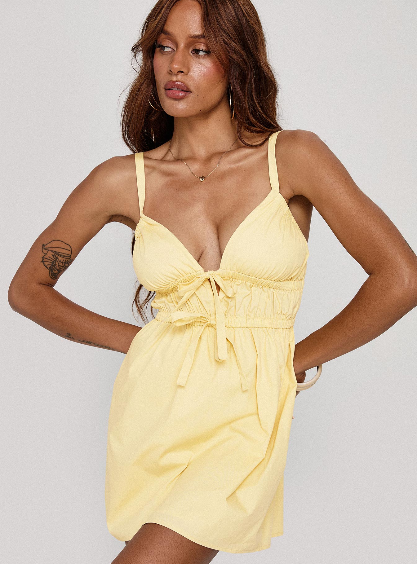 Viviette Ruched Mini Dress Lemon - Image 8
