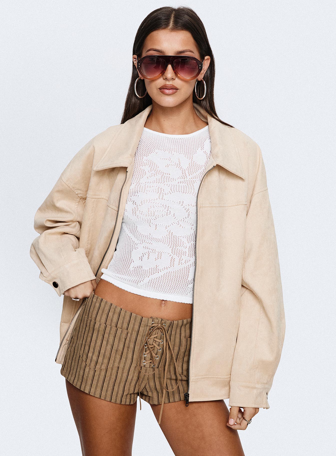 Goldsmith Faux Suede Bomber Jacket Beige - Image 8