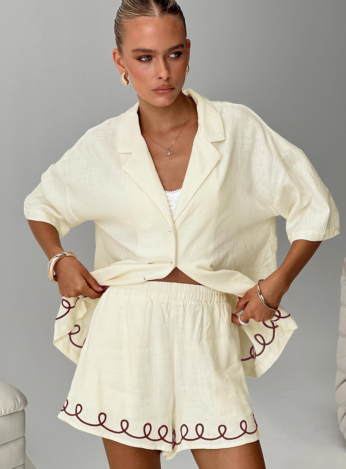 Jamari Linen Blend Shirt Cream / Brown - Image 8