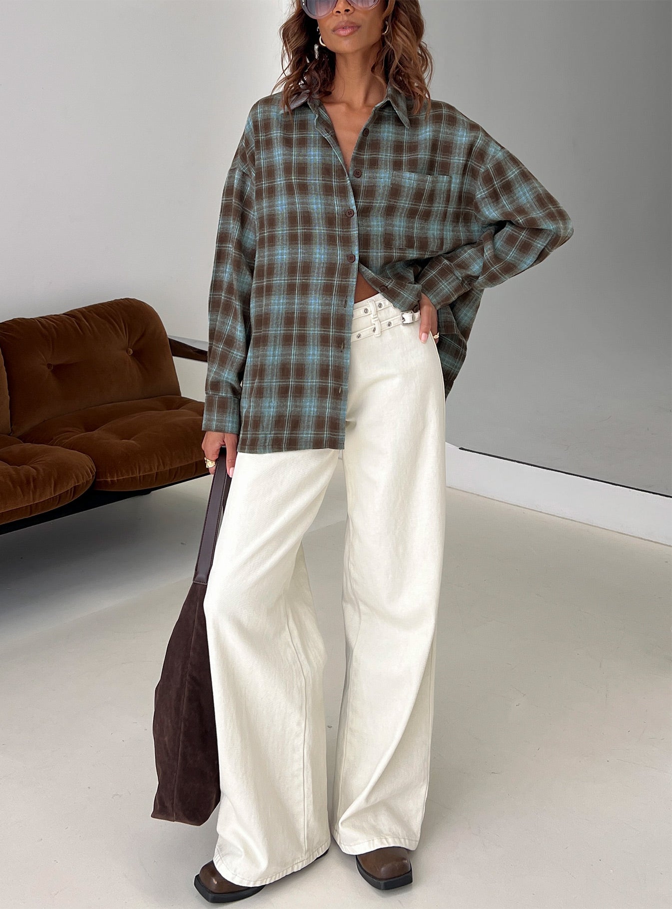 Perlita Long Sleeve Collared Shirt Brown Check - Image 8