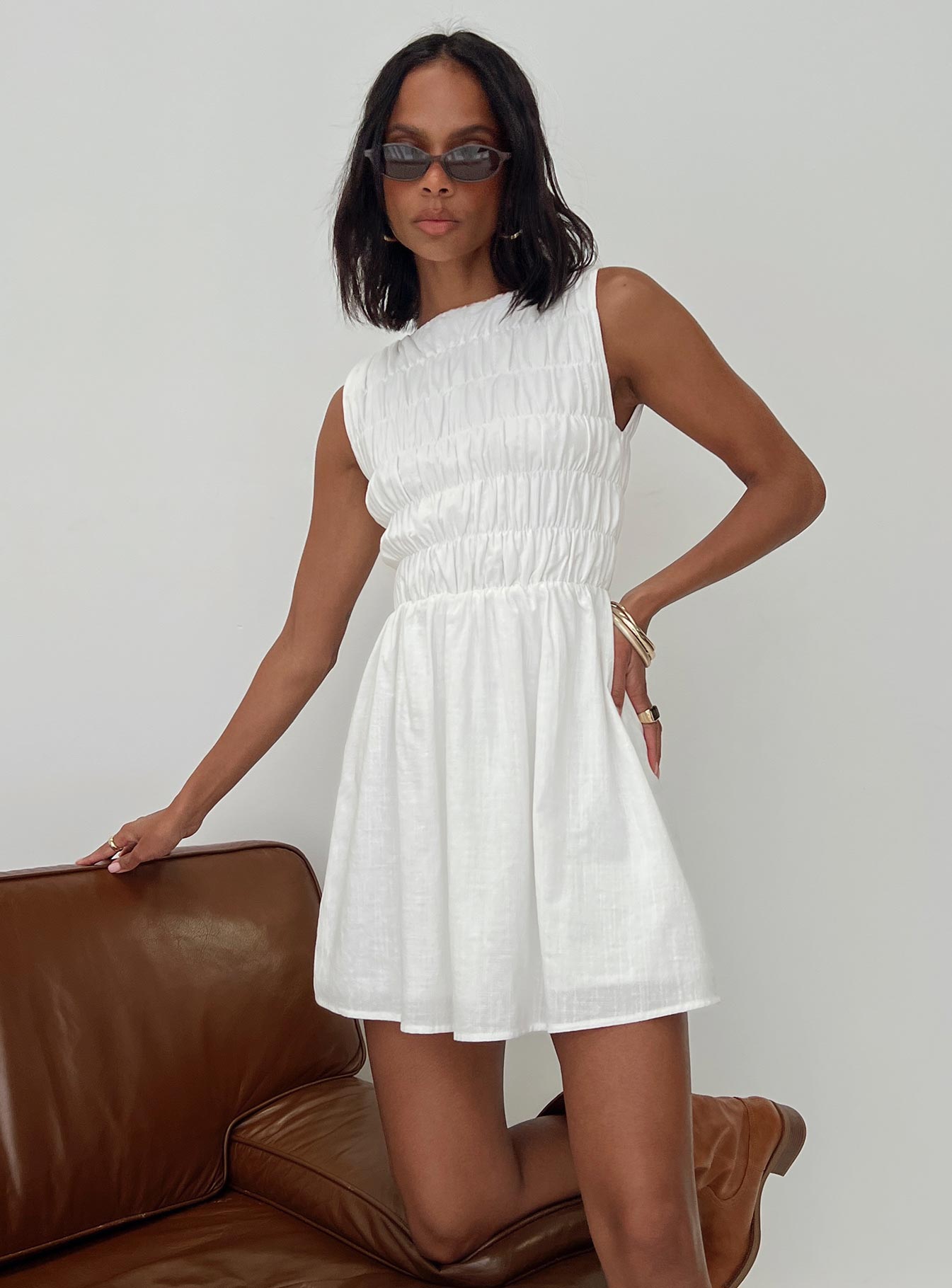 Melona Shirred Mini Dress White - Image 8