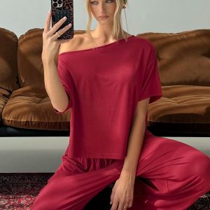 Cozy Hour Sleep Relaxed Off Shoulder Top Red