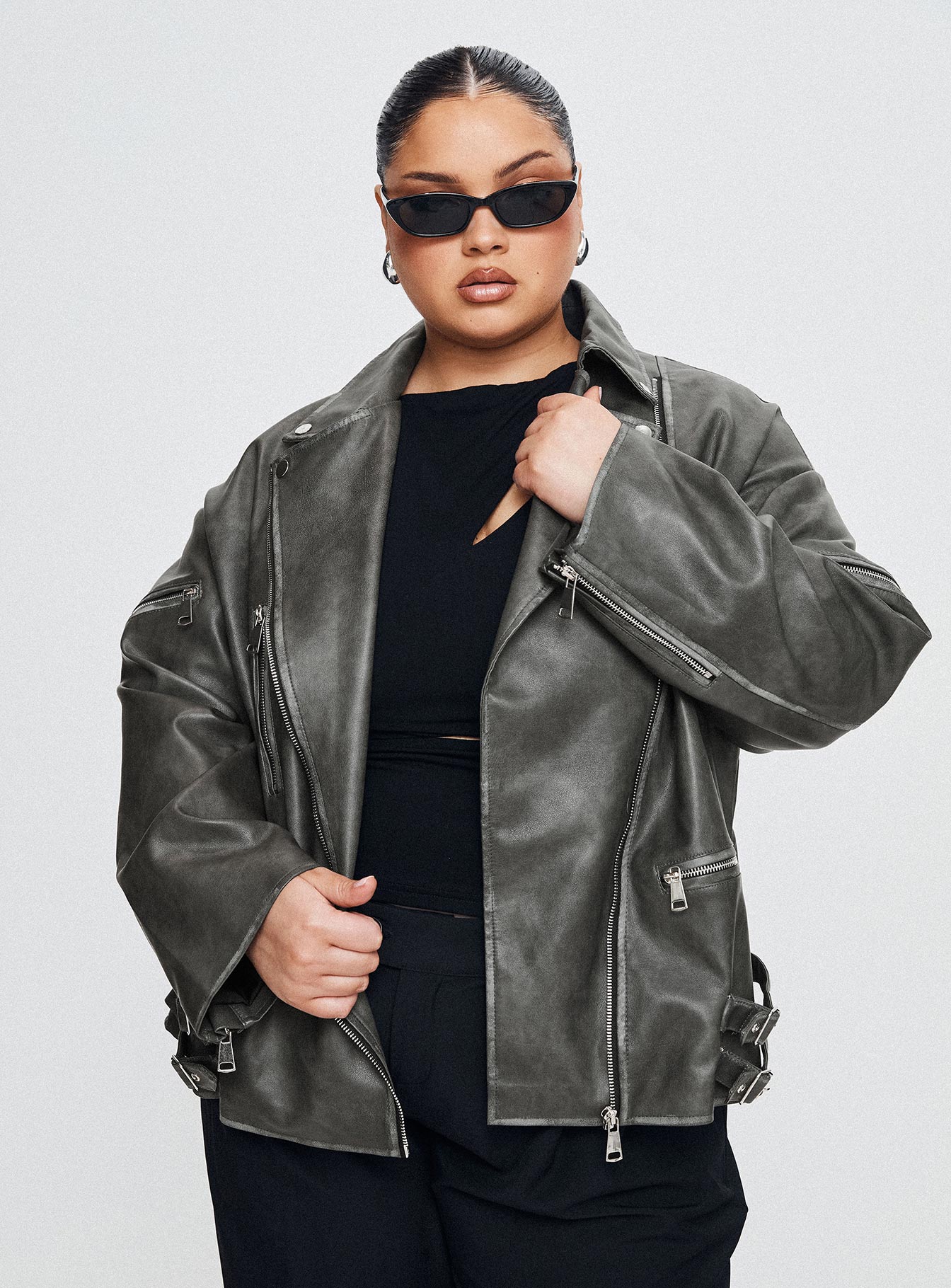 Magnets Faux Leather Jacket Washed Charcoal Curve - Image 8
