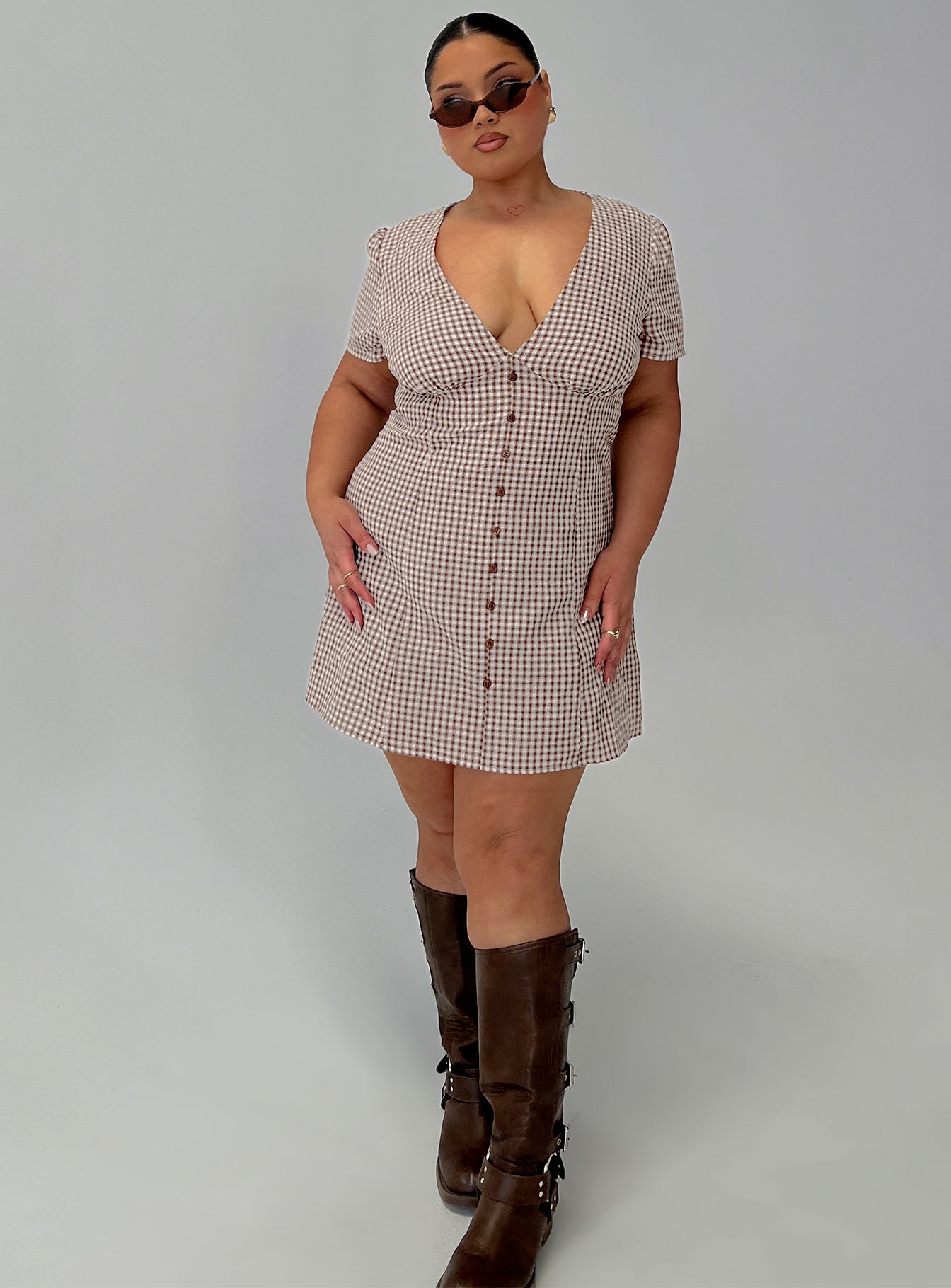 Loveliness Playsuit Brown Check Curve - Image 8