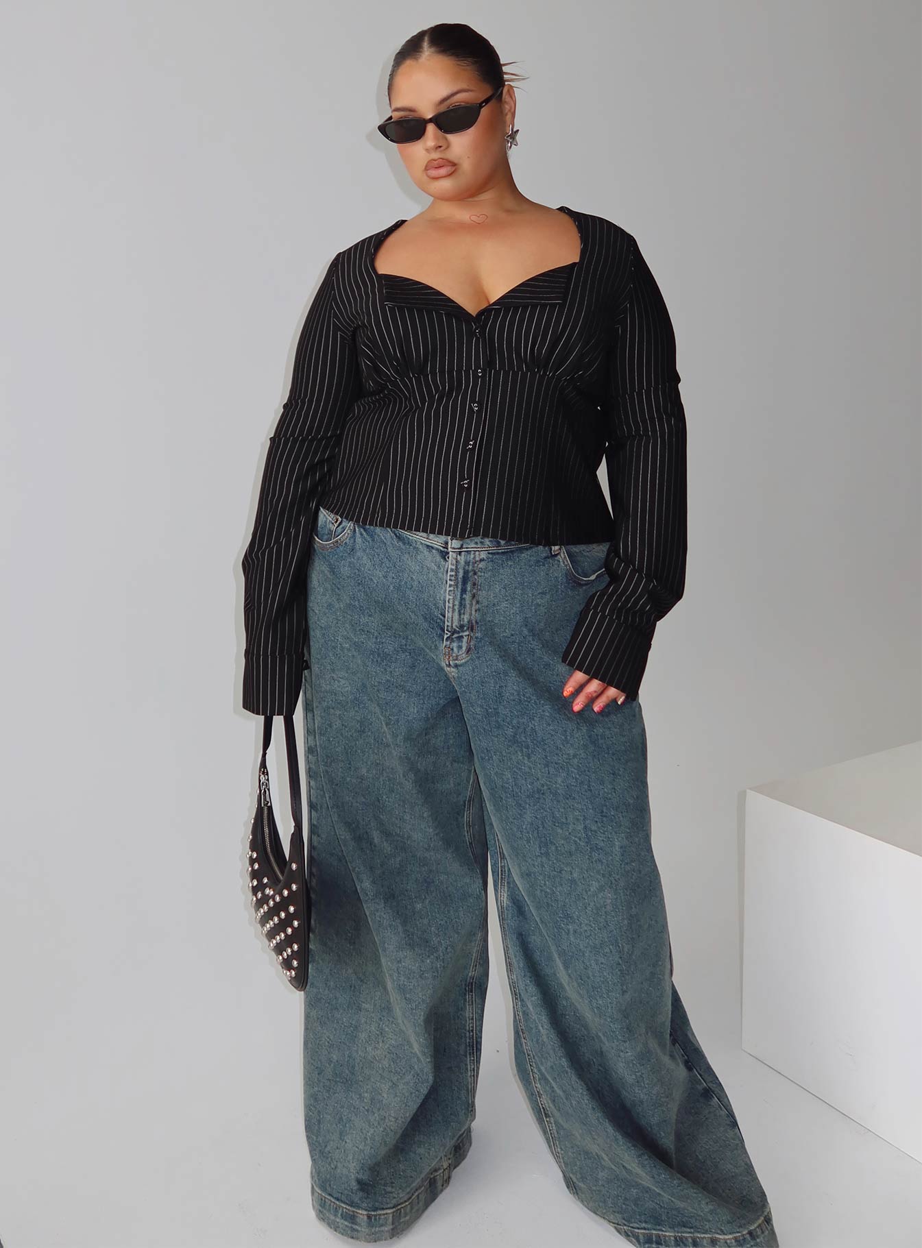 Set For Life Foldover Detail Long Sleeve Top Black / White Pinstripe Curve - Image 8