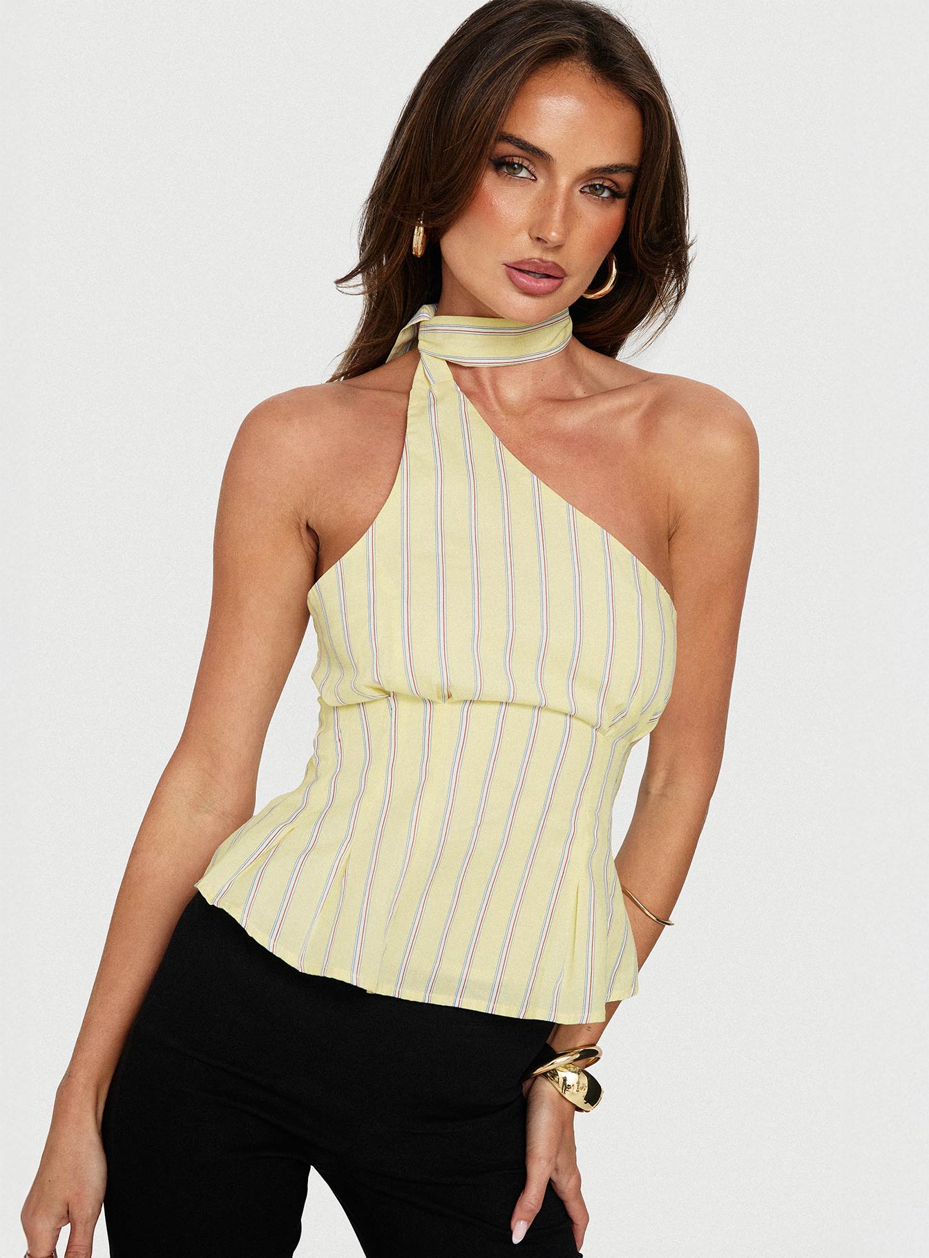 Zukaia One Shoulder Scarf Top Yellow Stripe - Image 8