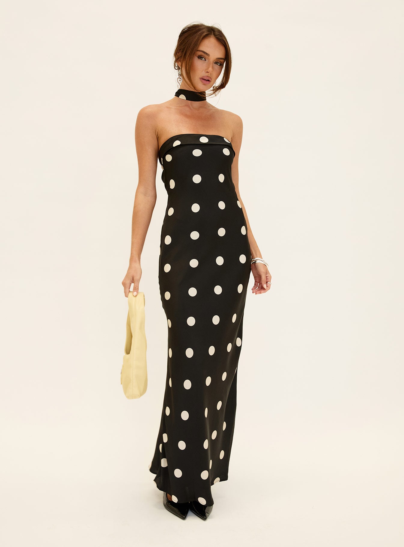 Madilaine Strapless Scarf Maxi Dress Black / Polka Dot - Image 8