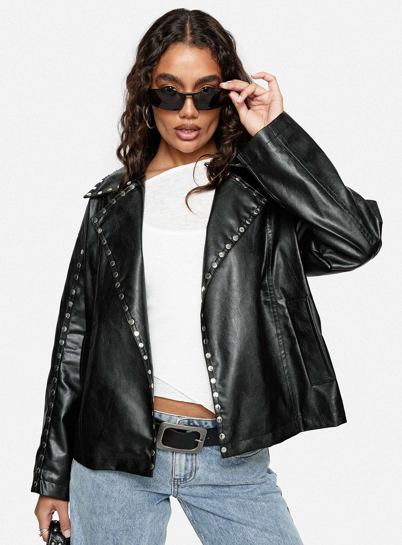 Kaeden Faux Leather Stud Detail Biker Jacket Black - Image 8