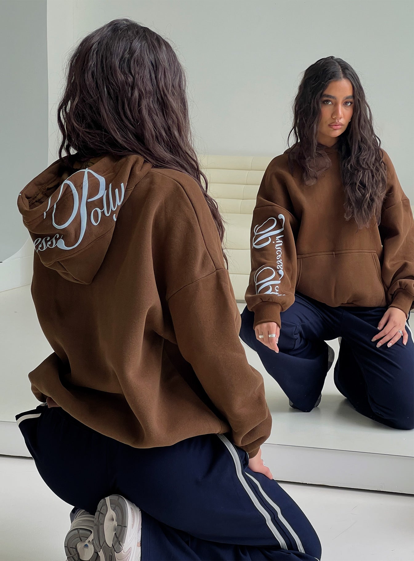 Princess Polly Script Text Graphic Hoodie Brown / Blue - Image 8