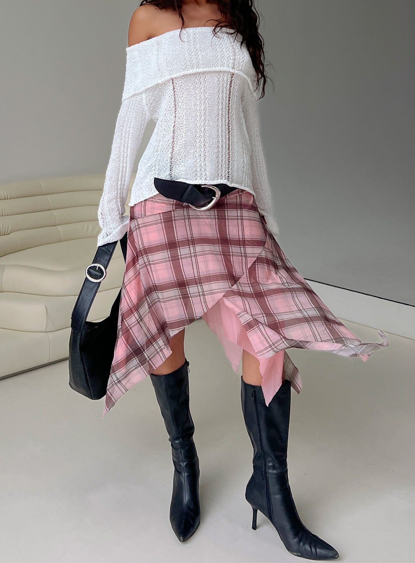Anali Asymmetrical Midi Skirt Pink / Multi Check - Image 9