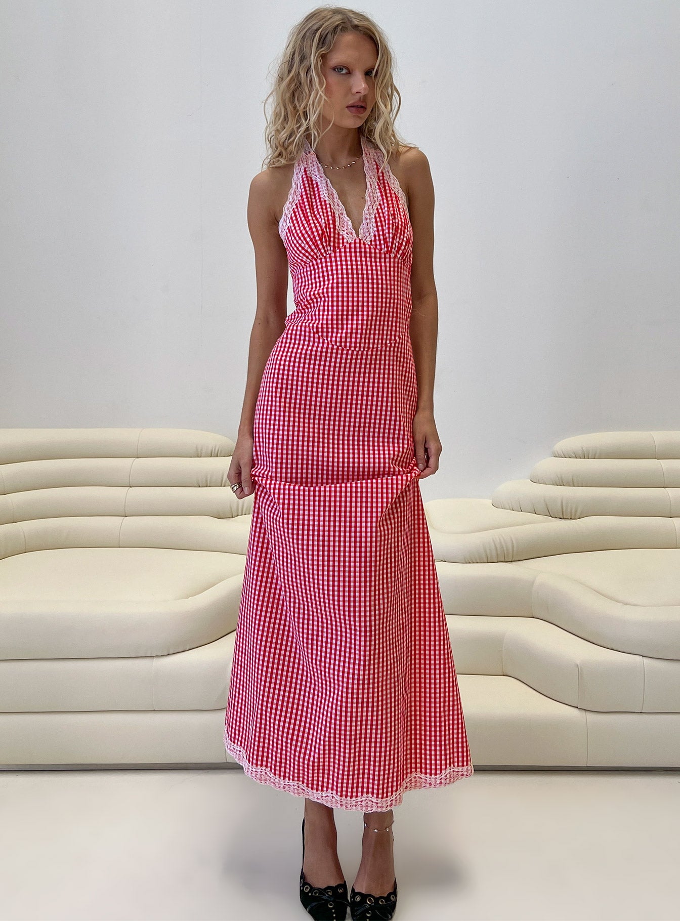 Betsie Halter Lace Maxi Dress Red Gingham - Image 8