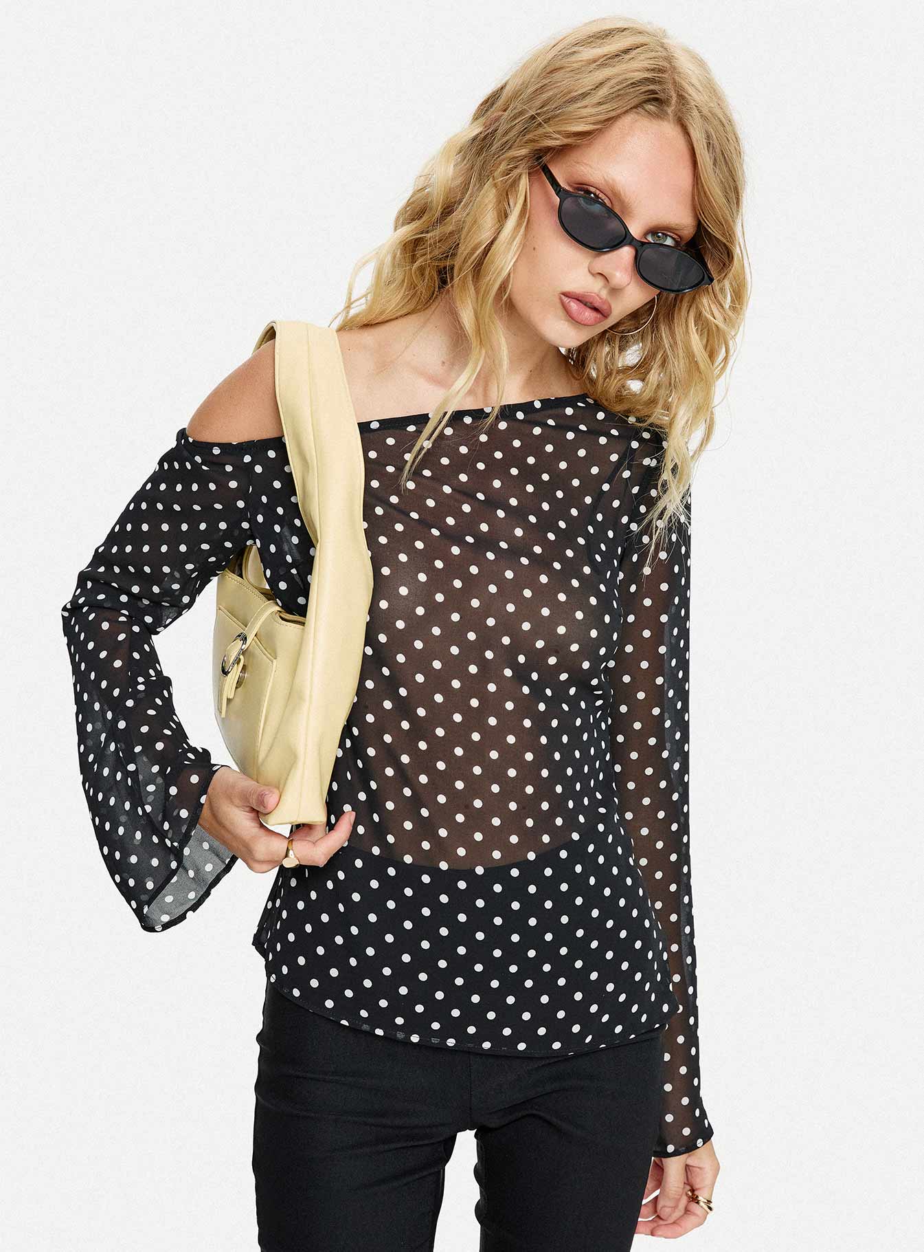 Shiona Sheer One Shoulder Long Sleeve Top Black Polka - Image 8