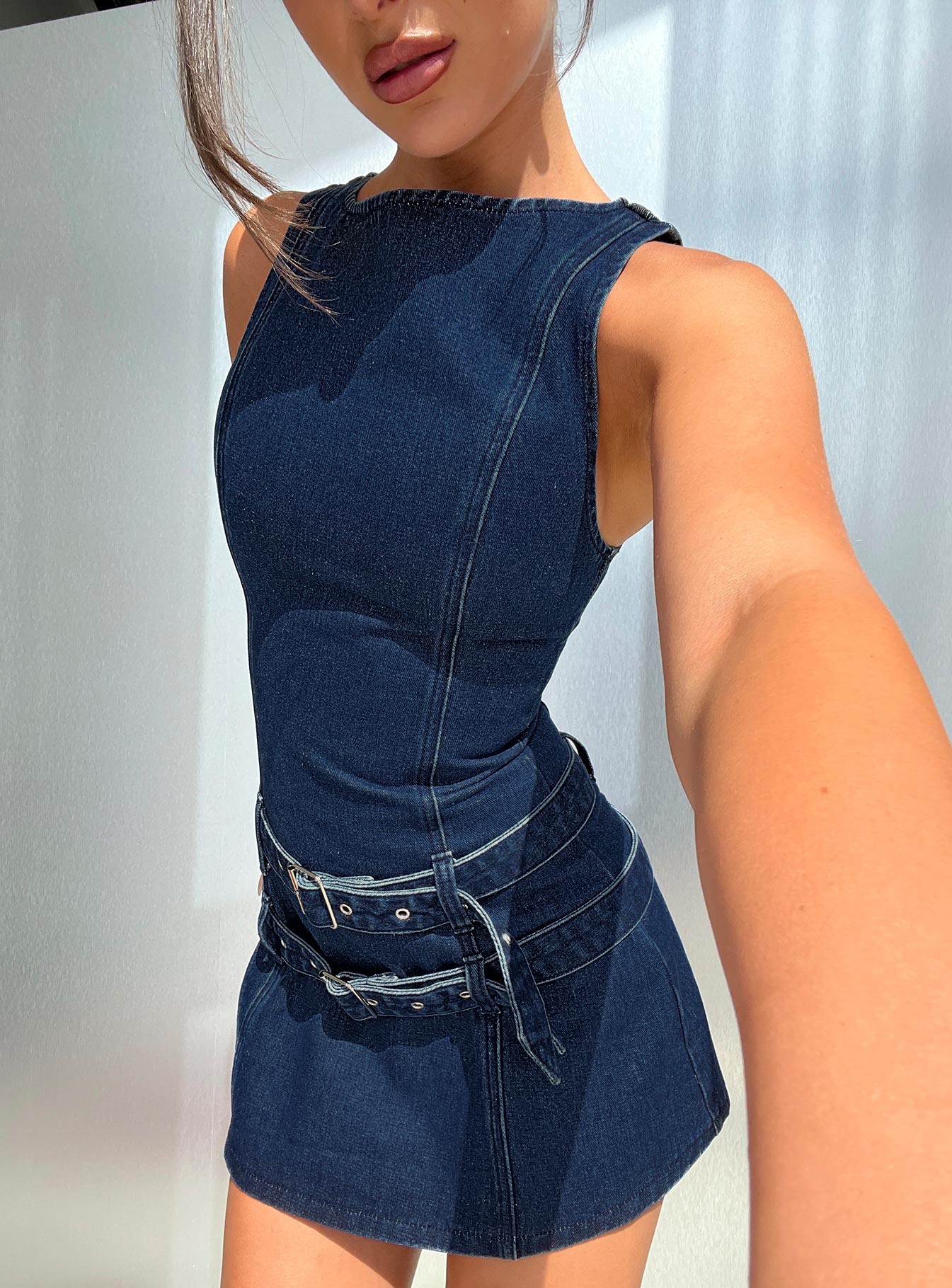 Kainer Denim Buckle Mini Dress Dark Blue Wash - Image 8