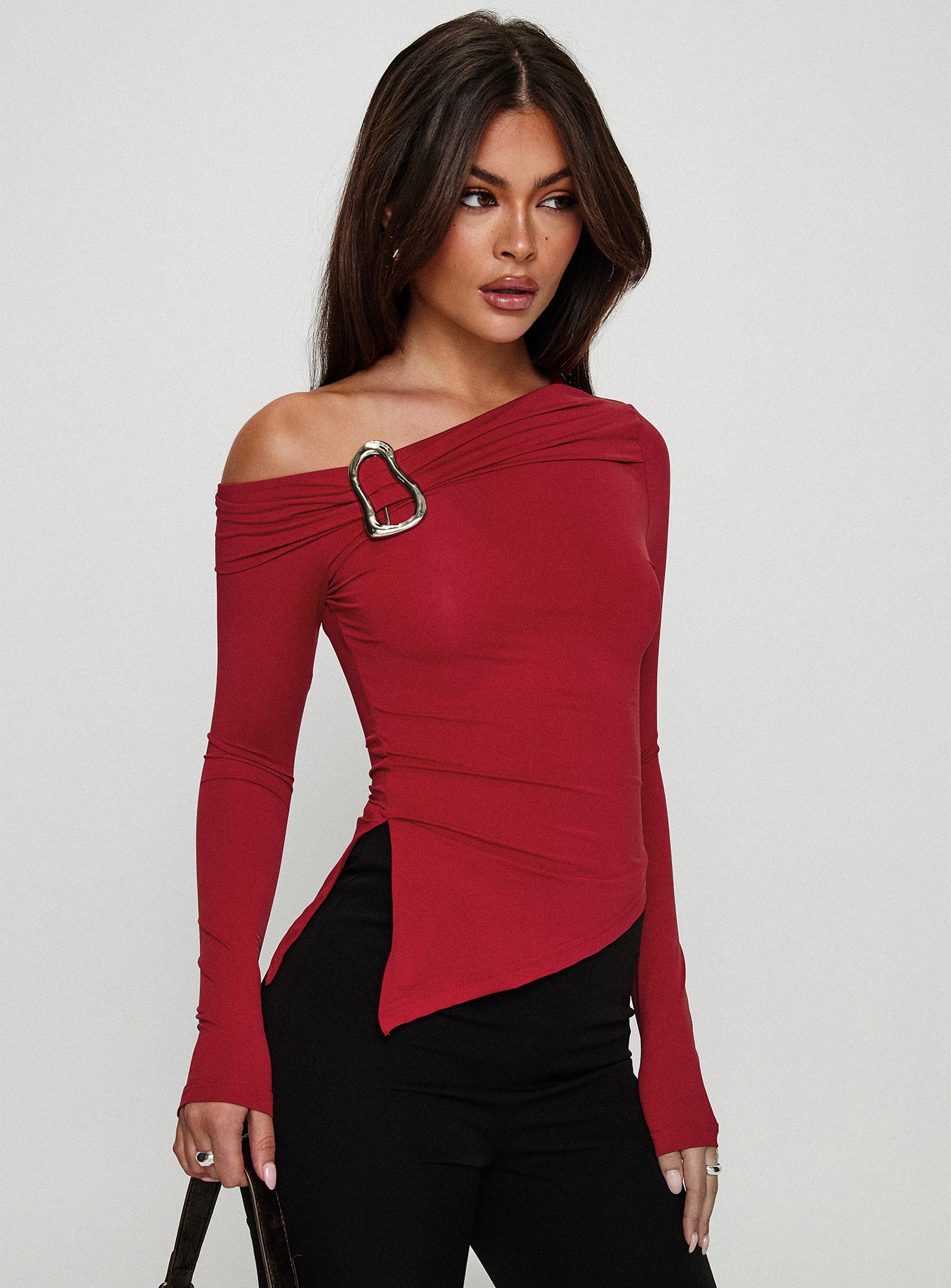 Donalla Off The Shoulder Hardware Detail Top Red - Image 8