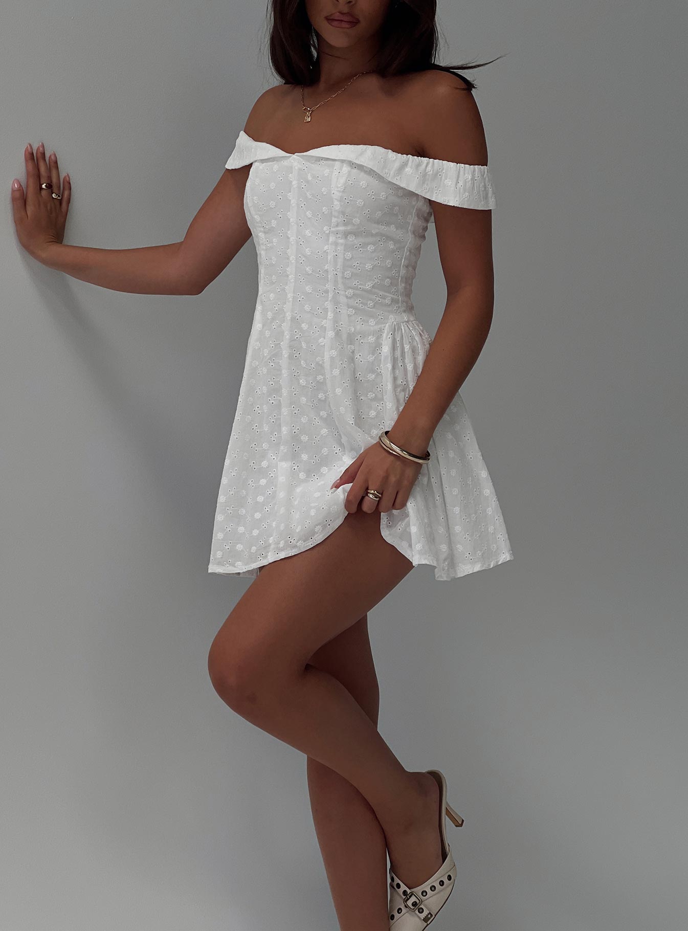 Rosebud Broderie Off The Shoulder Mini Dress White - Image 9