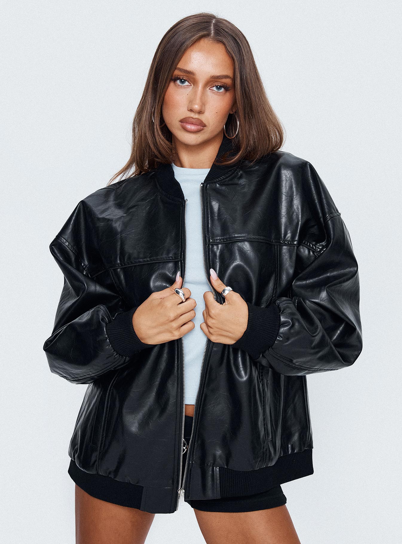 Believe It Faux Leather Bomber Jacket Black - Image 8