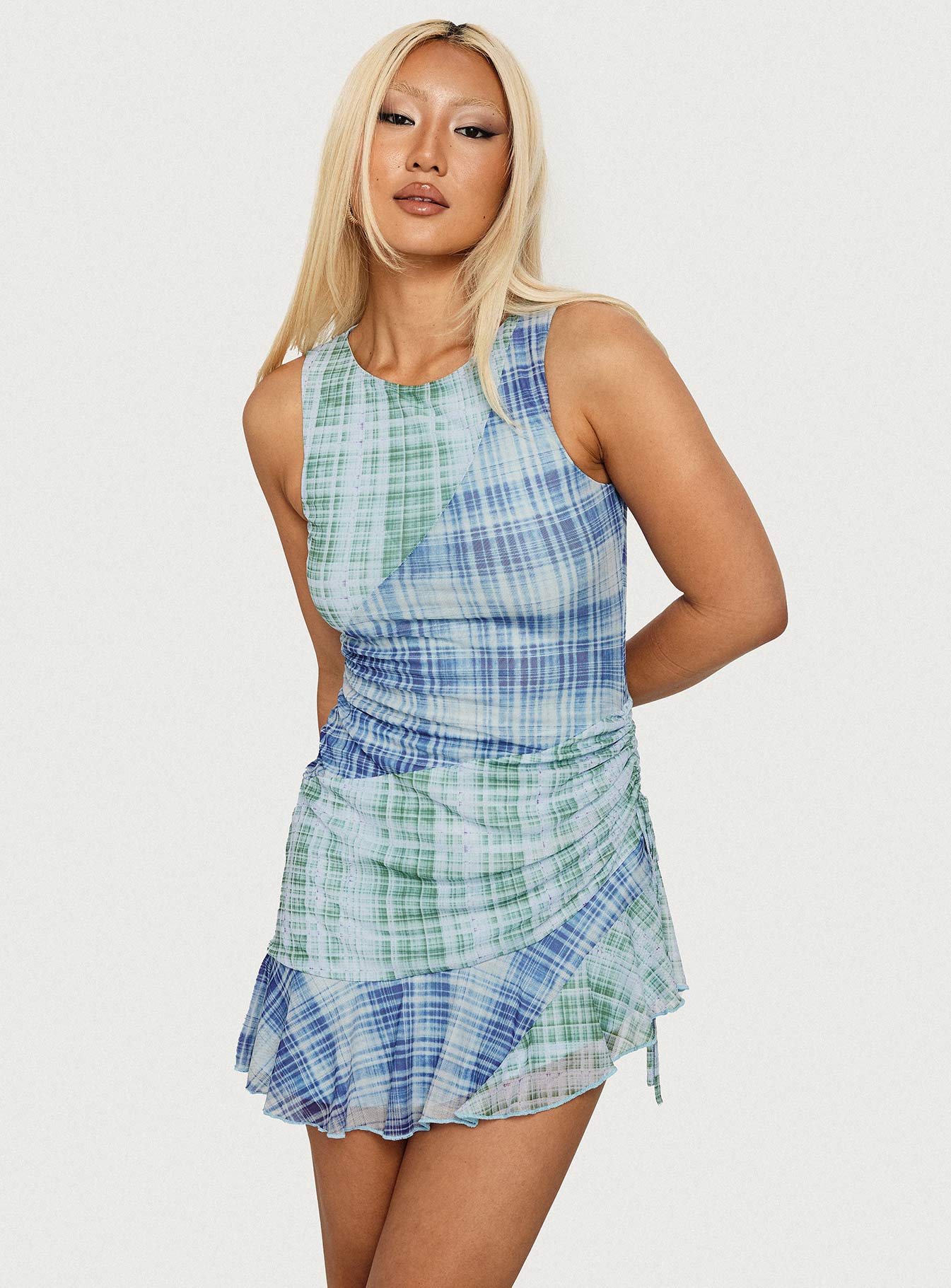 Timelapse Asymmetrical Splice Mini Dress Blue / Green Plaid - Image 8