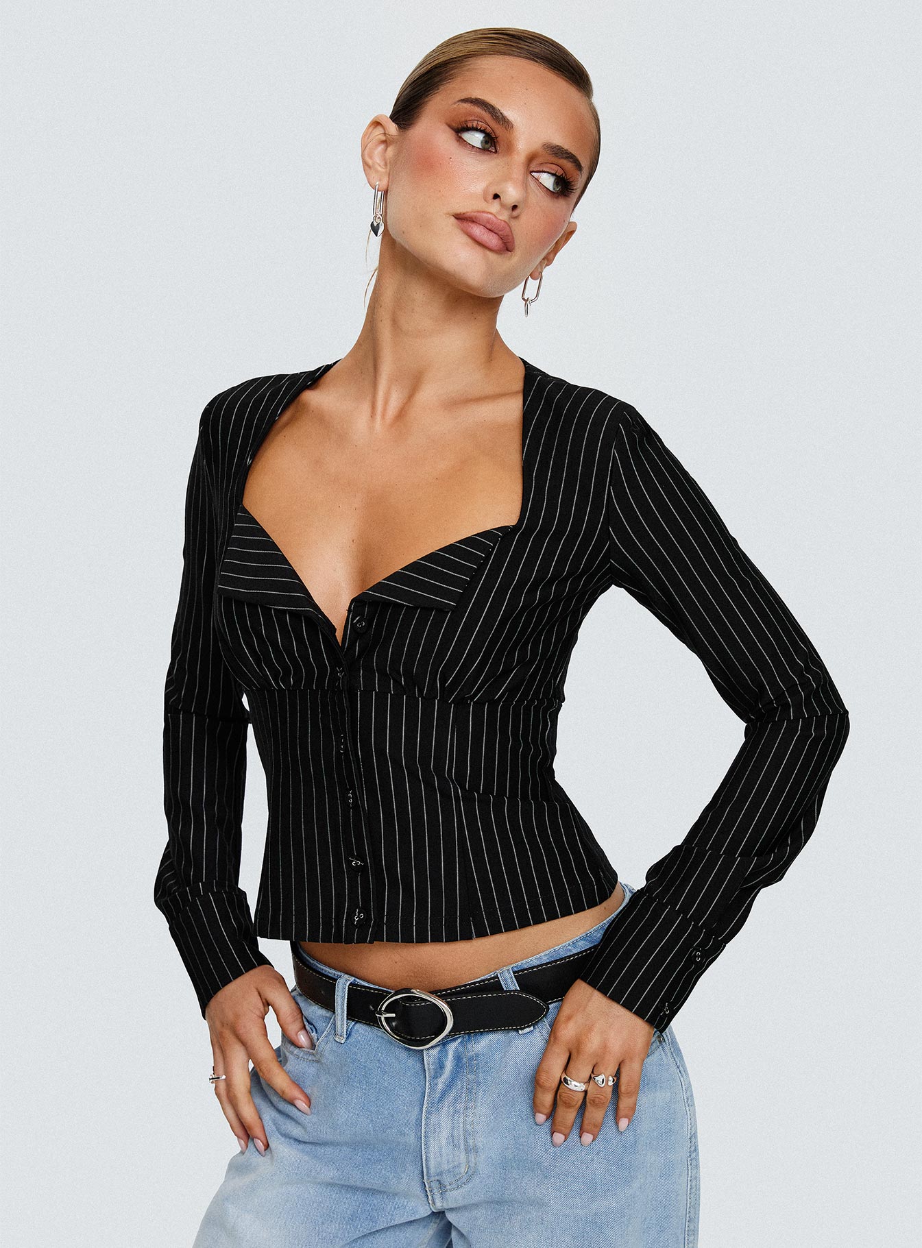 Set For Life Foldover Detail Long Sleeve Top Black / White Pinstripe - Image 8