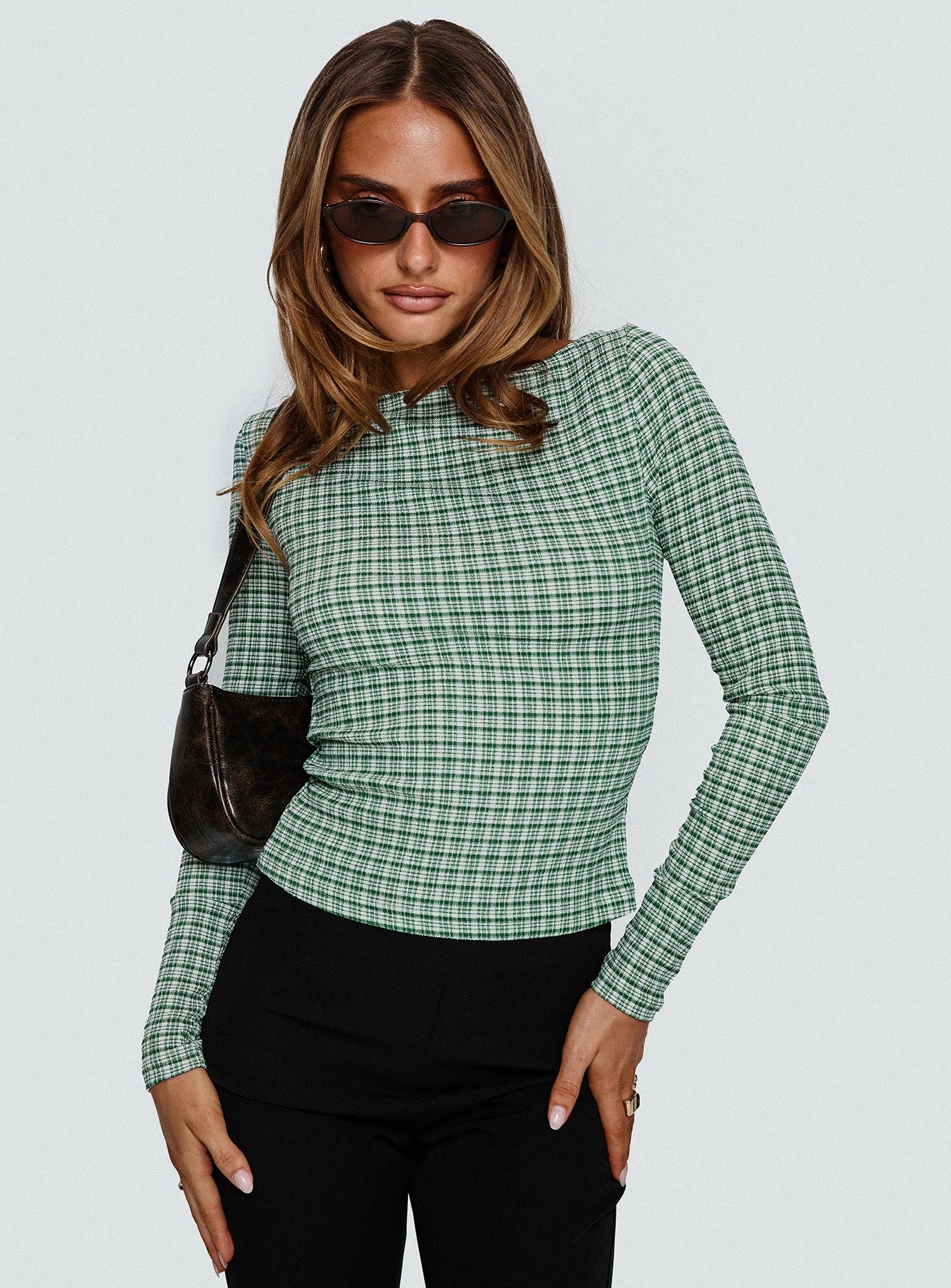 Every Second Boat Neck Long Sleeve Top Green Check - Image 8