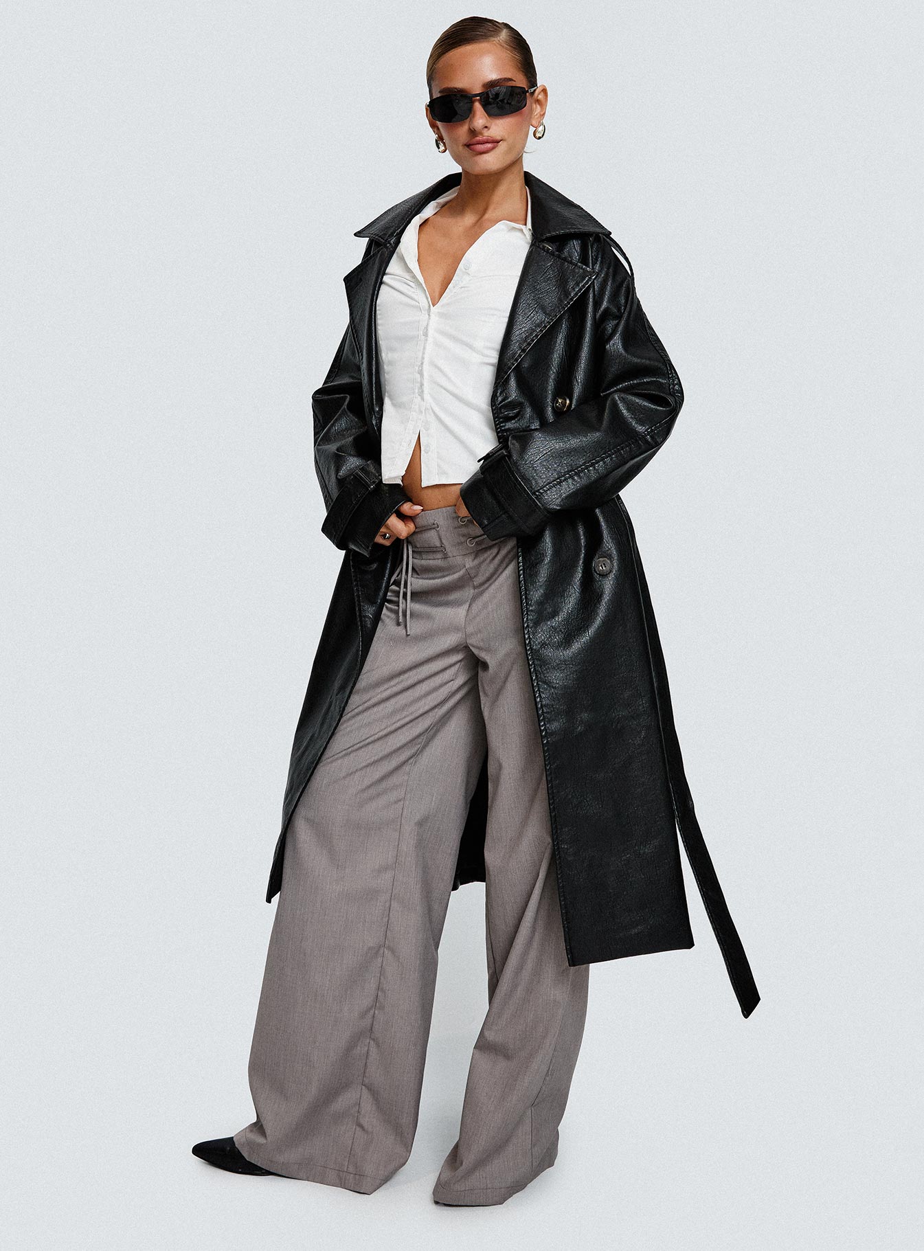 Think Later Faux Leather Trench Coat Black - Image 8