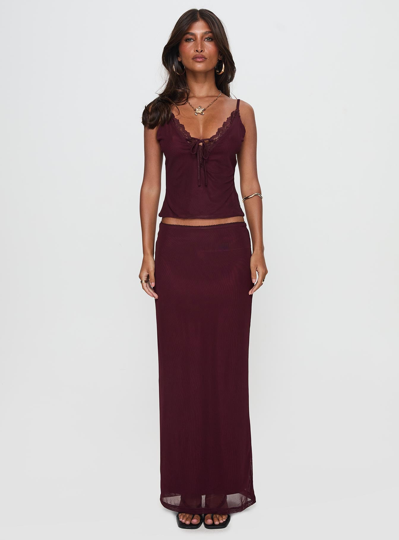 Reiko Lace Trim Tie Front Maxi Set Burgundy - Image 7