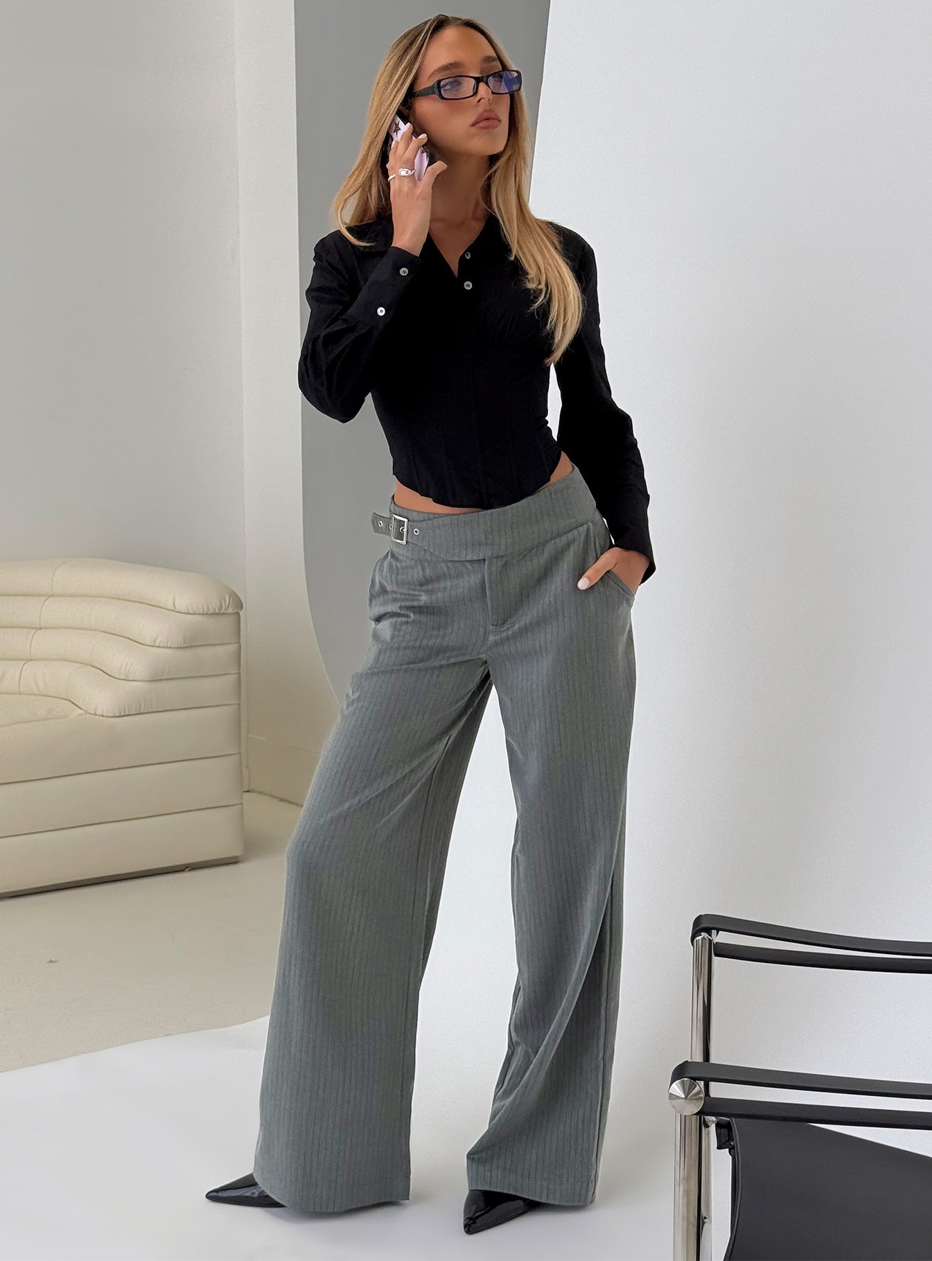 Jinny Relaxed Buckle Tailored Pants Grey Pinstripe - Image 8