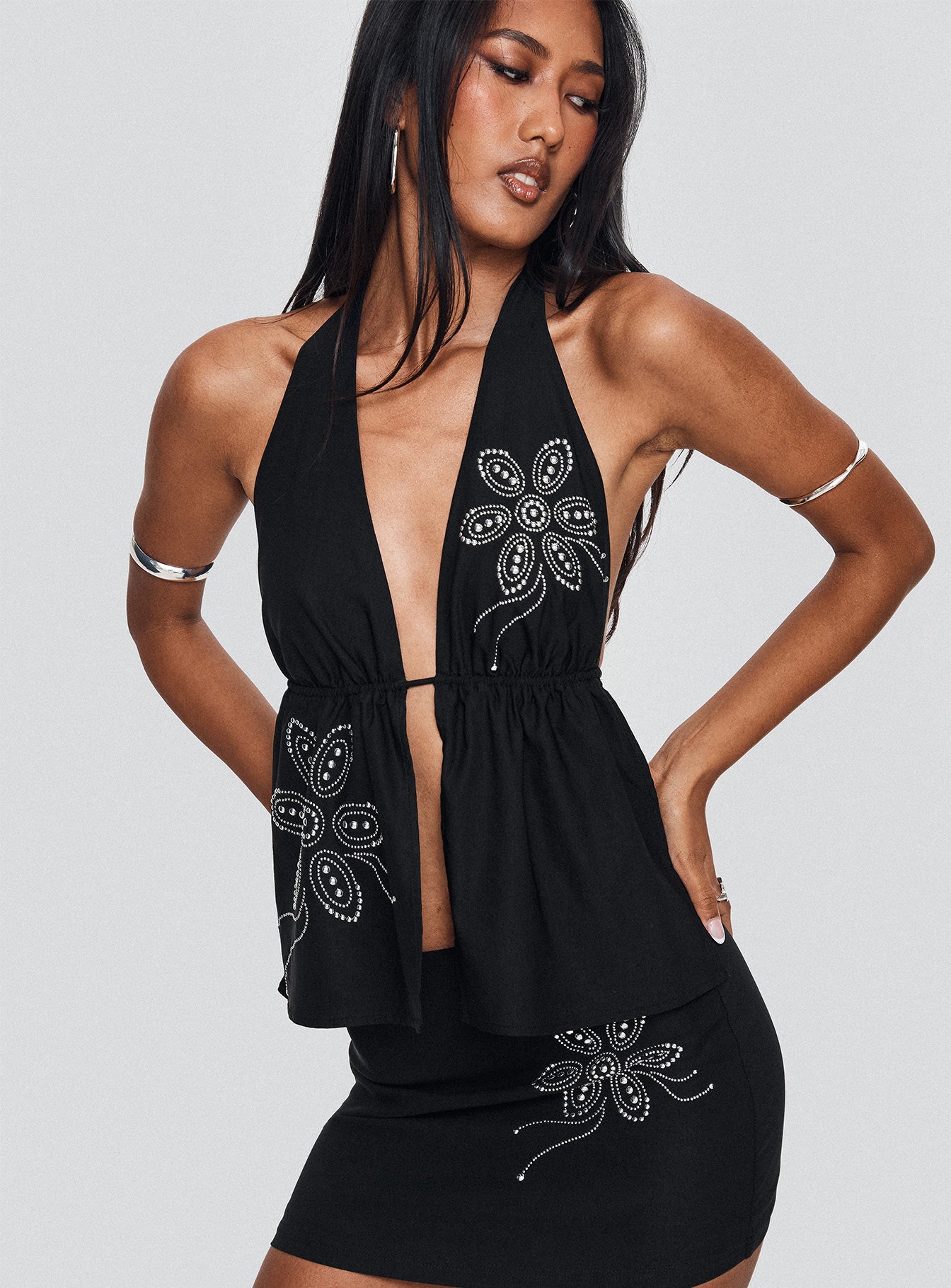 Quotation Diamante Halter Backless Top Black - Image 9