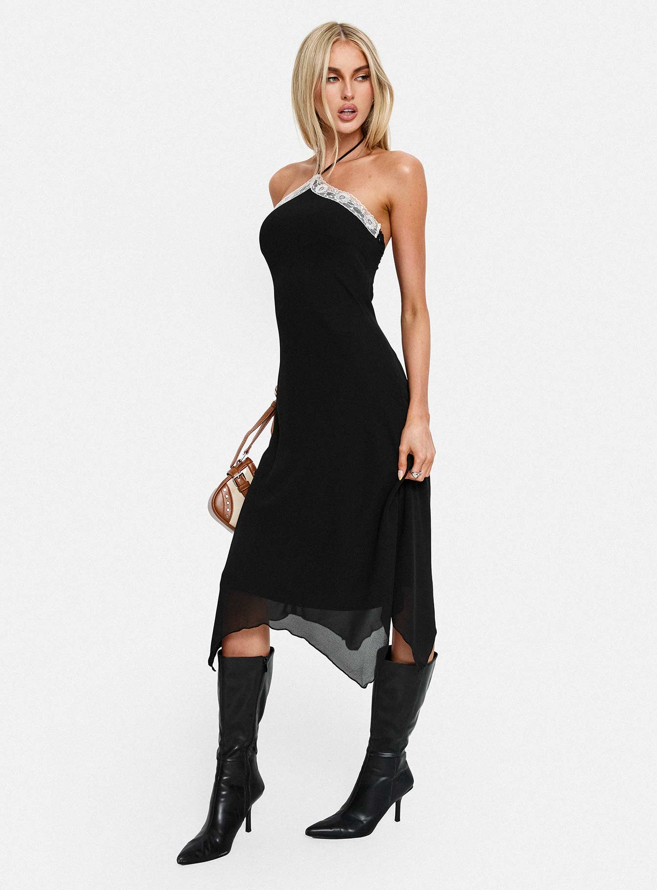 Naila Halter Lace Trim Midi Dress Black - Image 8