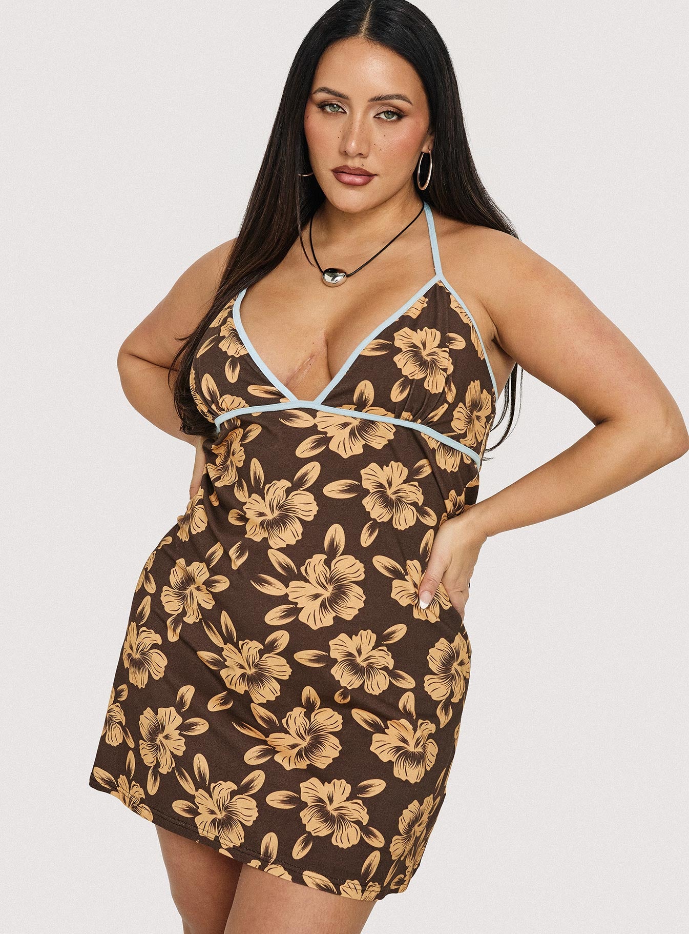 Mishie Halter Mini Dress Brown / Blue Floral Curve - Image 8