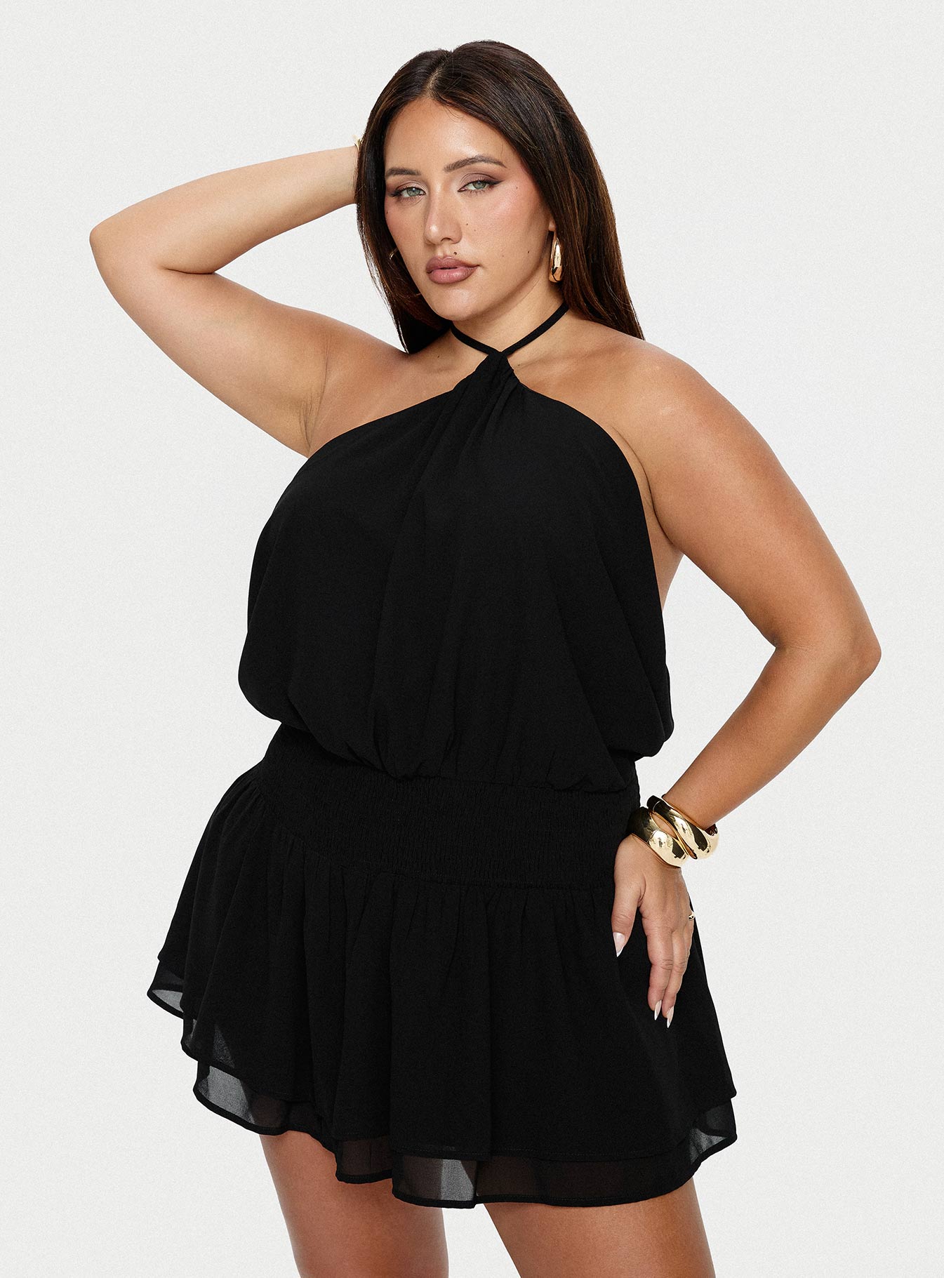 Khamira Halter Shirred Mini Dress Black Curve - Image 8